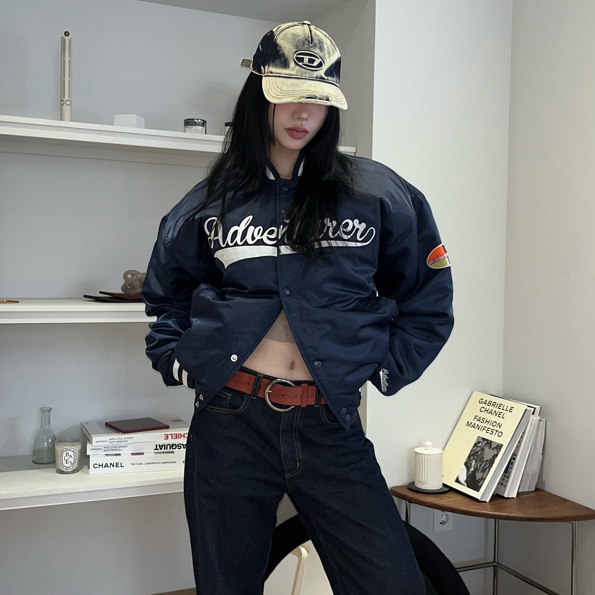Diesel C-Seymon Treated Denim Baseball Cap Blue White 착용 스타일 - 1