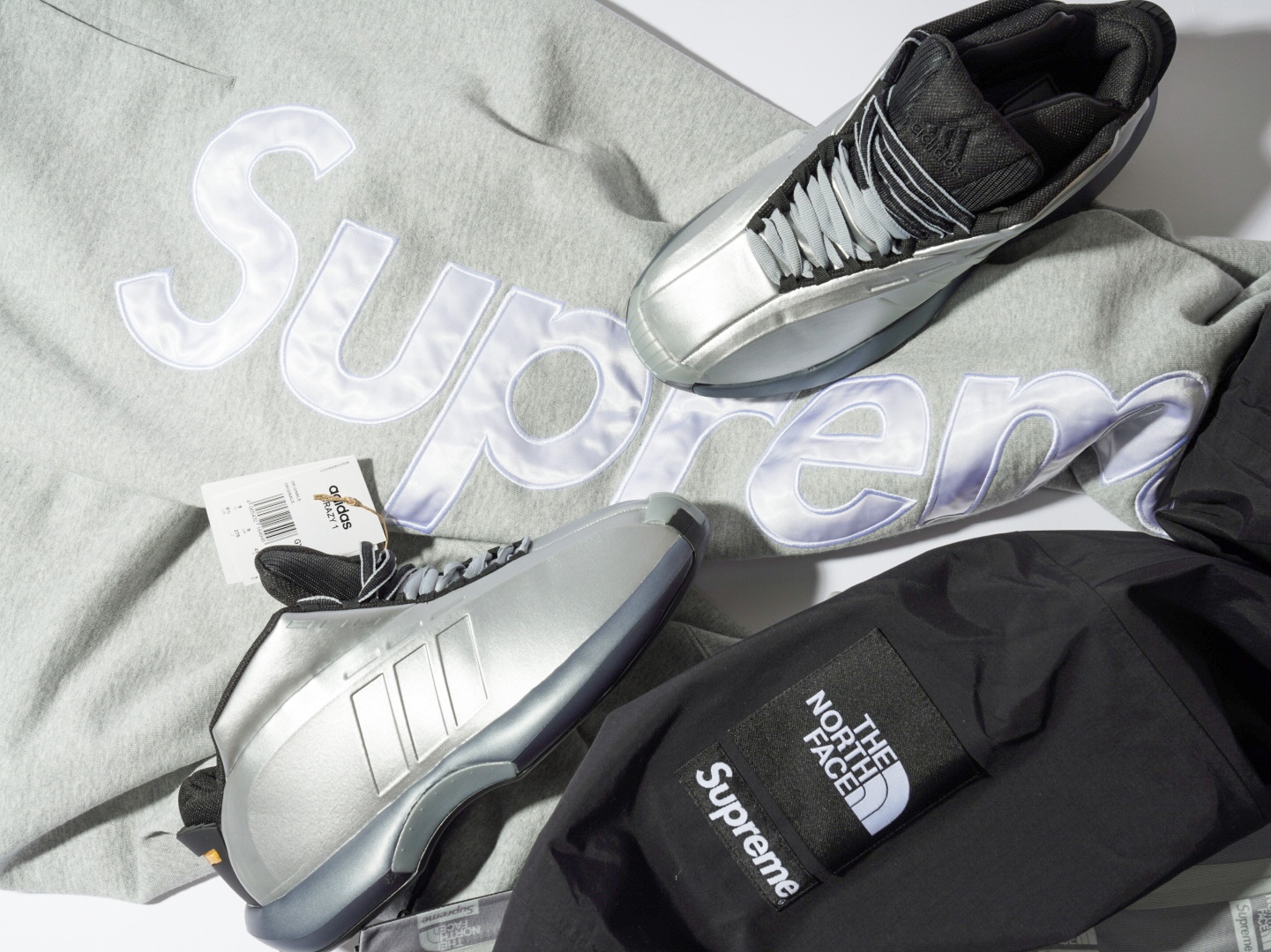 Adidas Crazy 1 Matte Silver Core Black, Supreme x The North Face Taped Seam Shell Jacket Grey - 22FW 착용 스타일