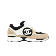 (W) Chanel Sneakers Calfskin Fabric & White Black Beige Gold
