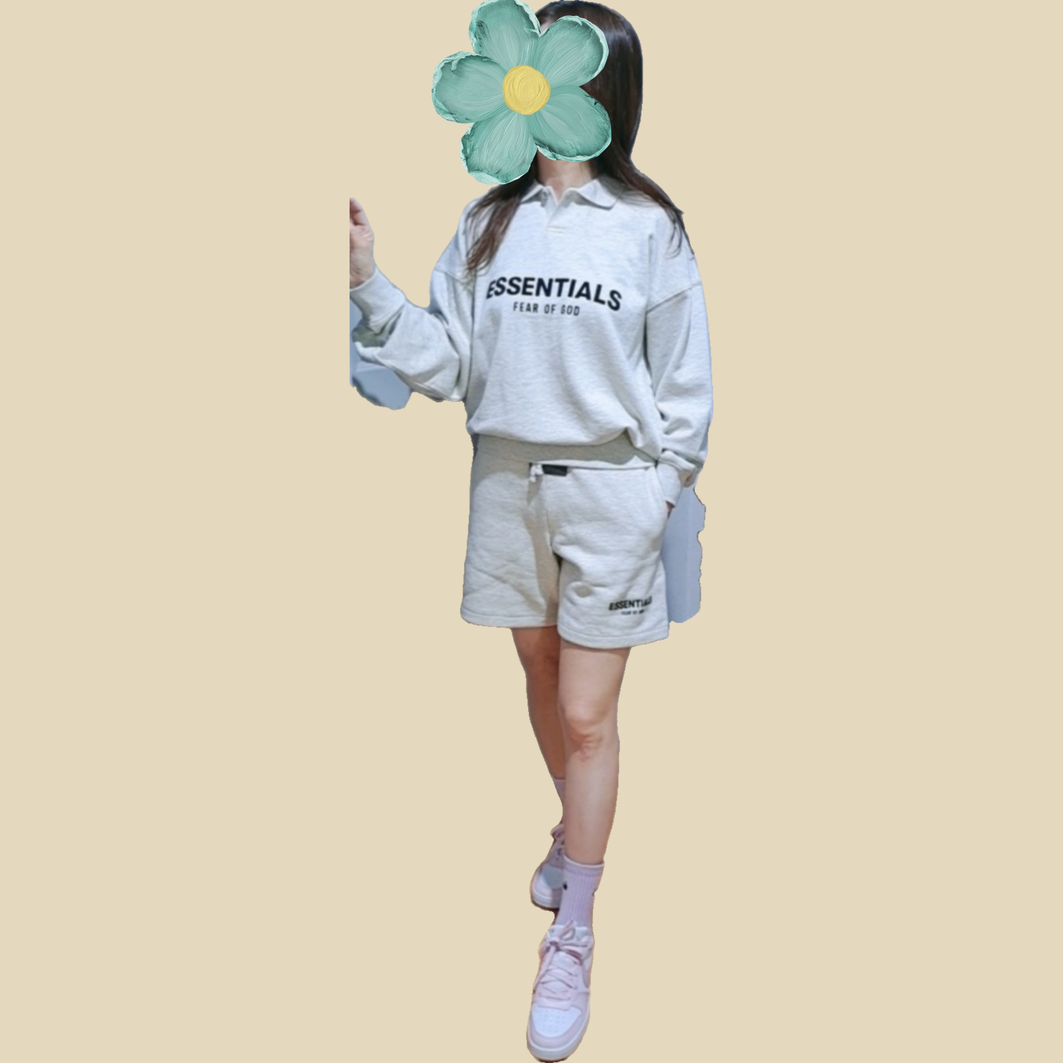 (Kids) Essentials The Core Collection Long Sleeve Polo Light Oatmeal, (Kids) Essentials The Core Collection Sweatshorts Light Oatmeal 착용 스타일