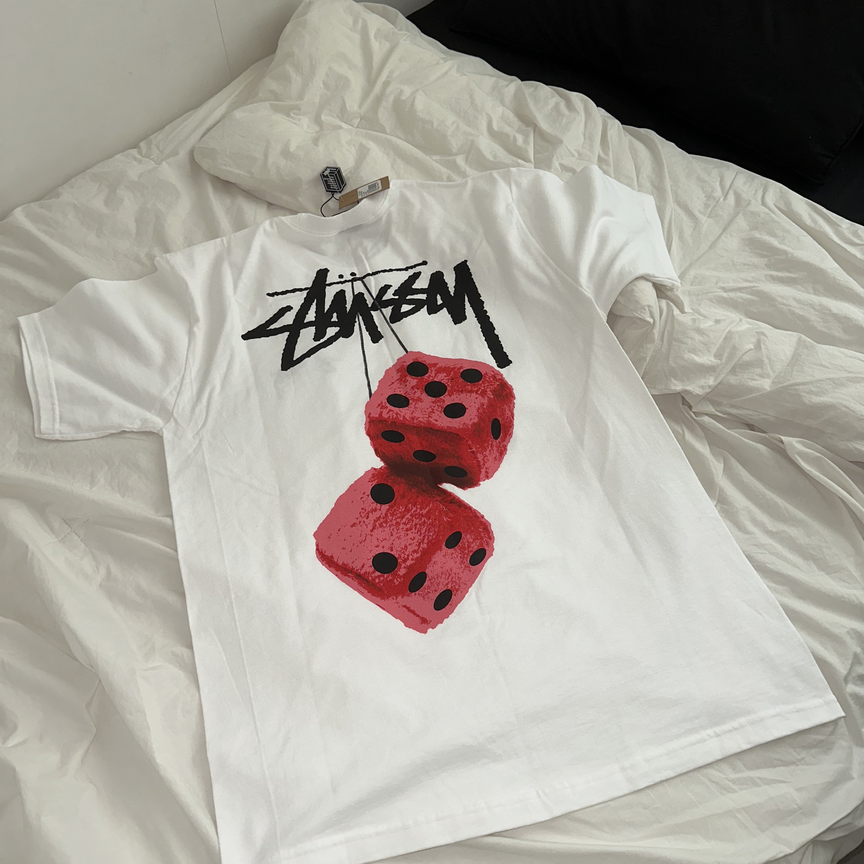 Stussy Fuzzy Dice T-Shirt White 착용 스타일 - 2