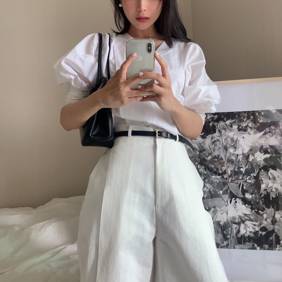 Kindersalmon Women Cocoon Sleeve Blouse White 착용 스타일 - 1