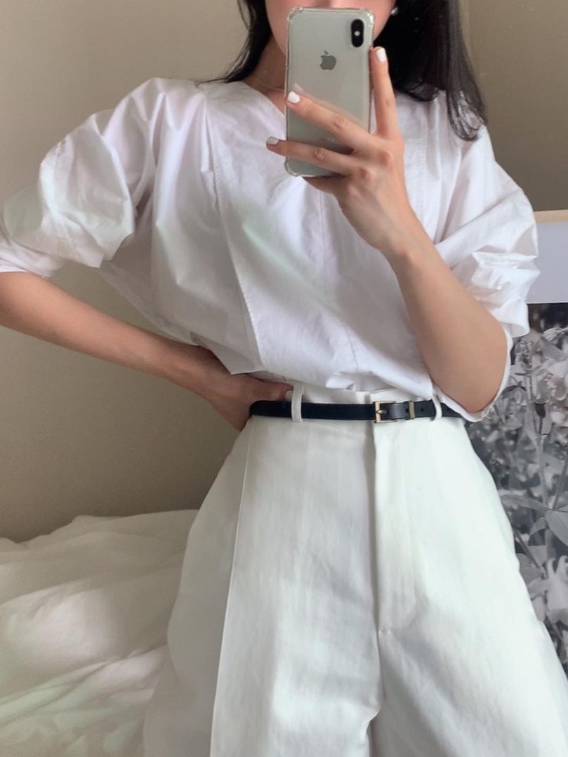 Kindersalmon Women Cocoon Sleeve Blouse White 착용 스타일 - 2