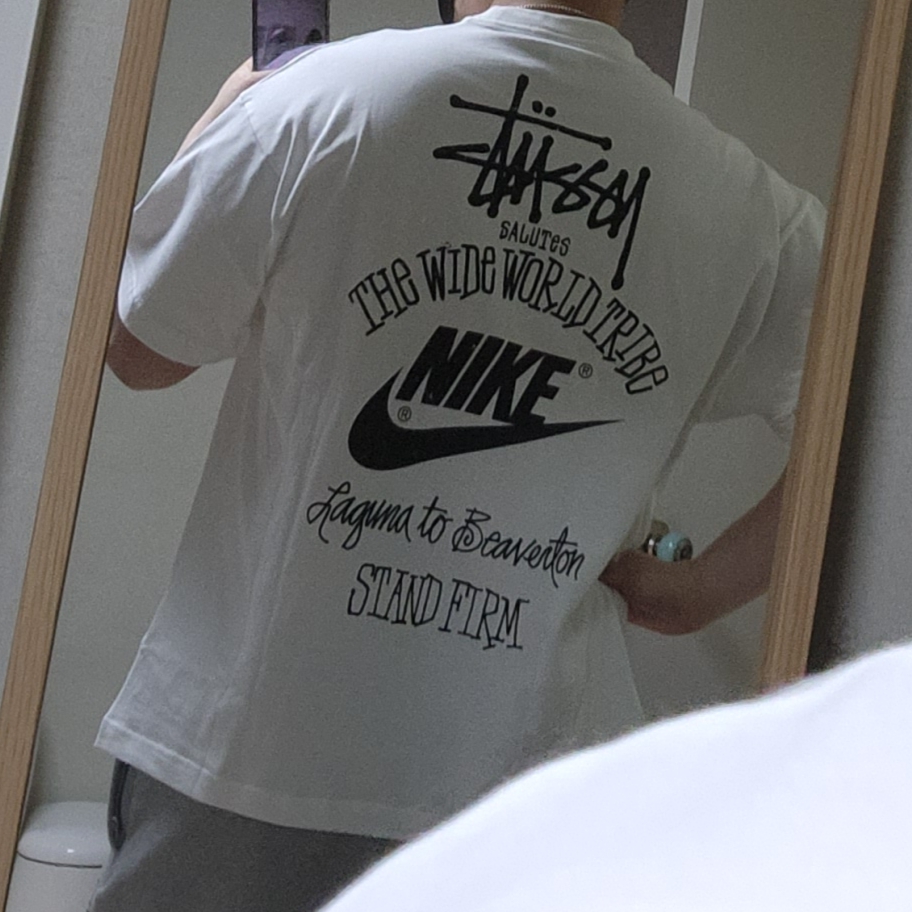 Nike x Stussy T-Shirt White (DV1774-100), Nike x Stussy NRG Fleece Pants Dark Grey Heather (DO9340-063) 착용 스타일 - 2