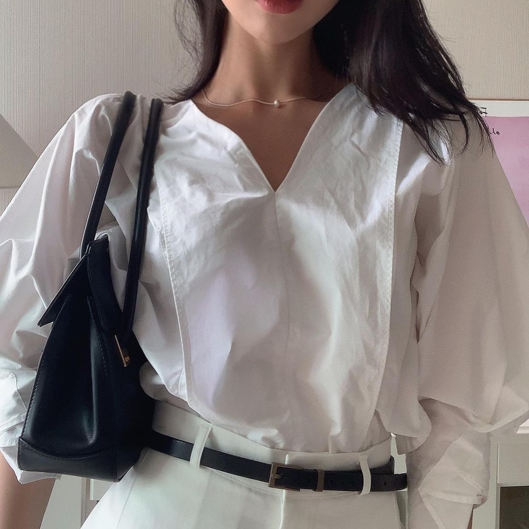 Kindersalmon Women Cocoon Sleeve Blouse White 착용 스타일 - 2