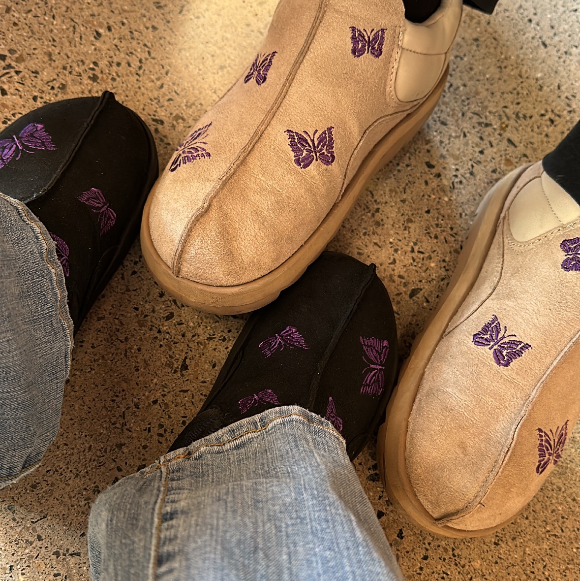 Reebok x Needles Beatnik Moc Modern Beige Extreme Purple, Kapital Wool Hand Knit Cowichan G Jean Navy 착용 스타일 - 4