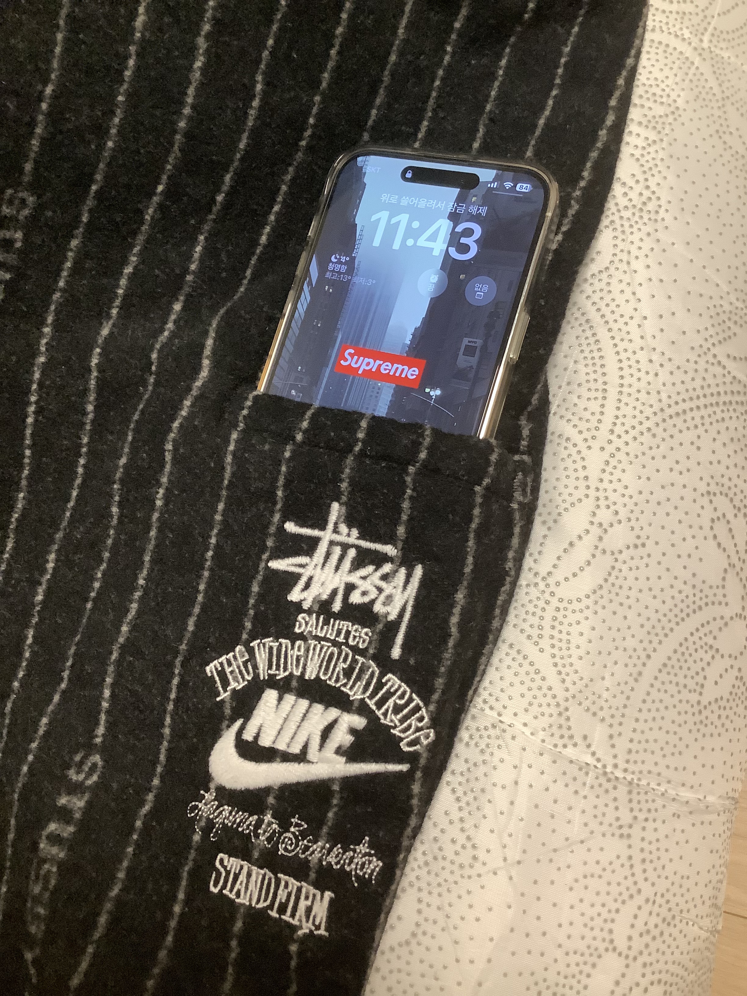 Nike x Stussy NRG Striped Wool Pants Black (DR4021-010), Supreme Box Logo Hooded Sweatshirt Light Mustard - 21FW 착용 스타일 - 4