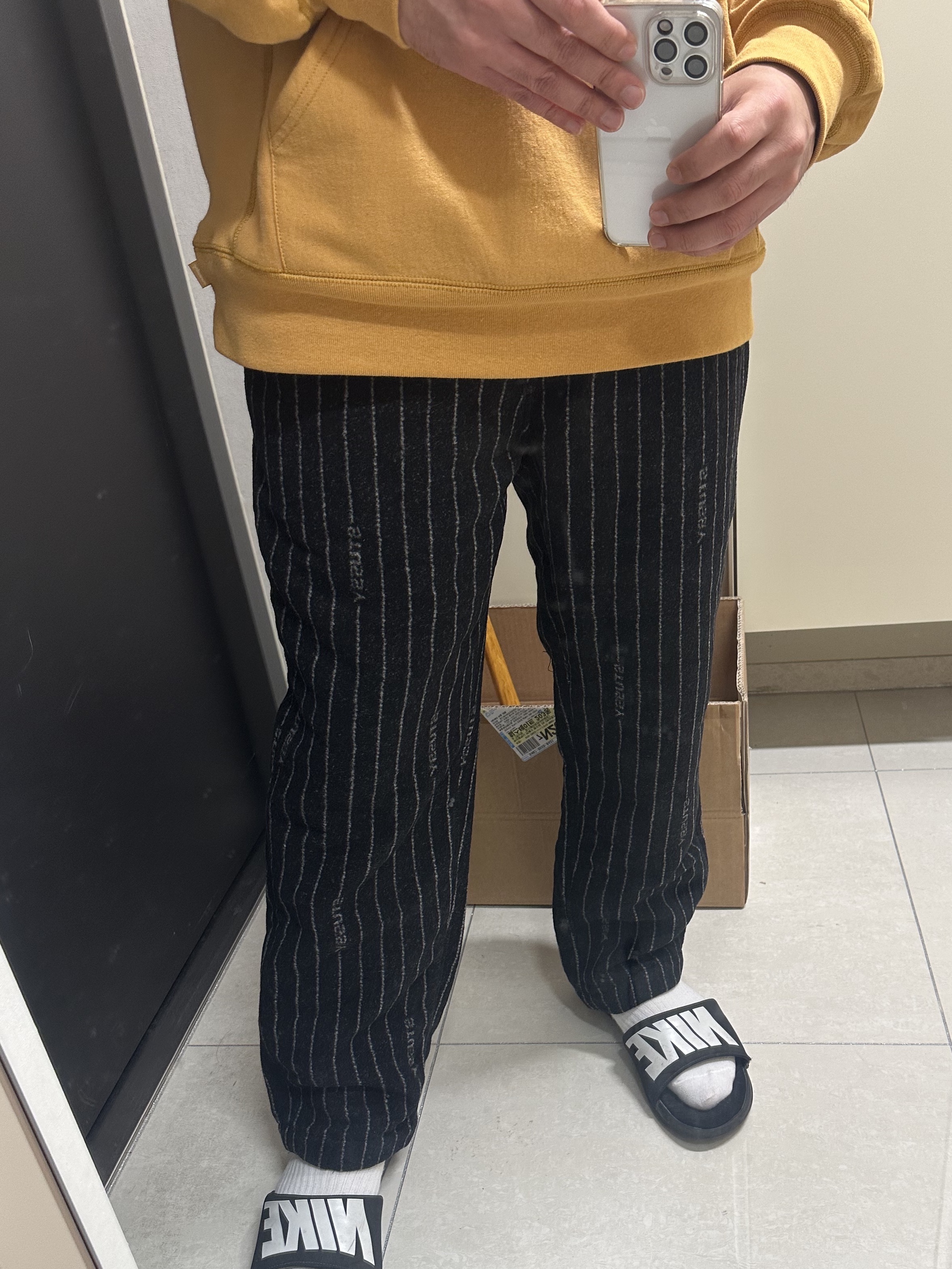 Nike x Stussy NRG Striped Wool Pants Black (DR4021-010), Supreme Box Logo Hooded Sweatshirt Light Mustard - 21FW 착용 스타일 - 2