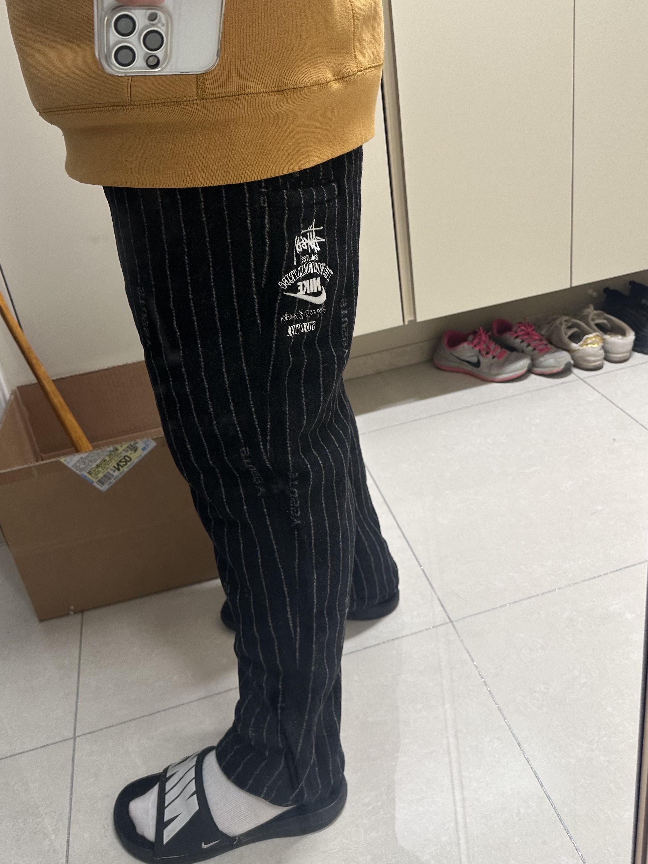 Nike x Stussy NRG Striped Wool Pants Black (DR4021-010), Supreme Box Logo Hooded Sweatshirt Light Mustard - 21FW 착용 스타일 - 3