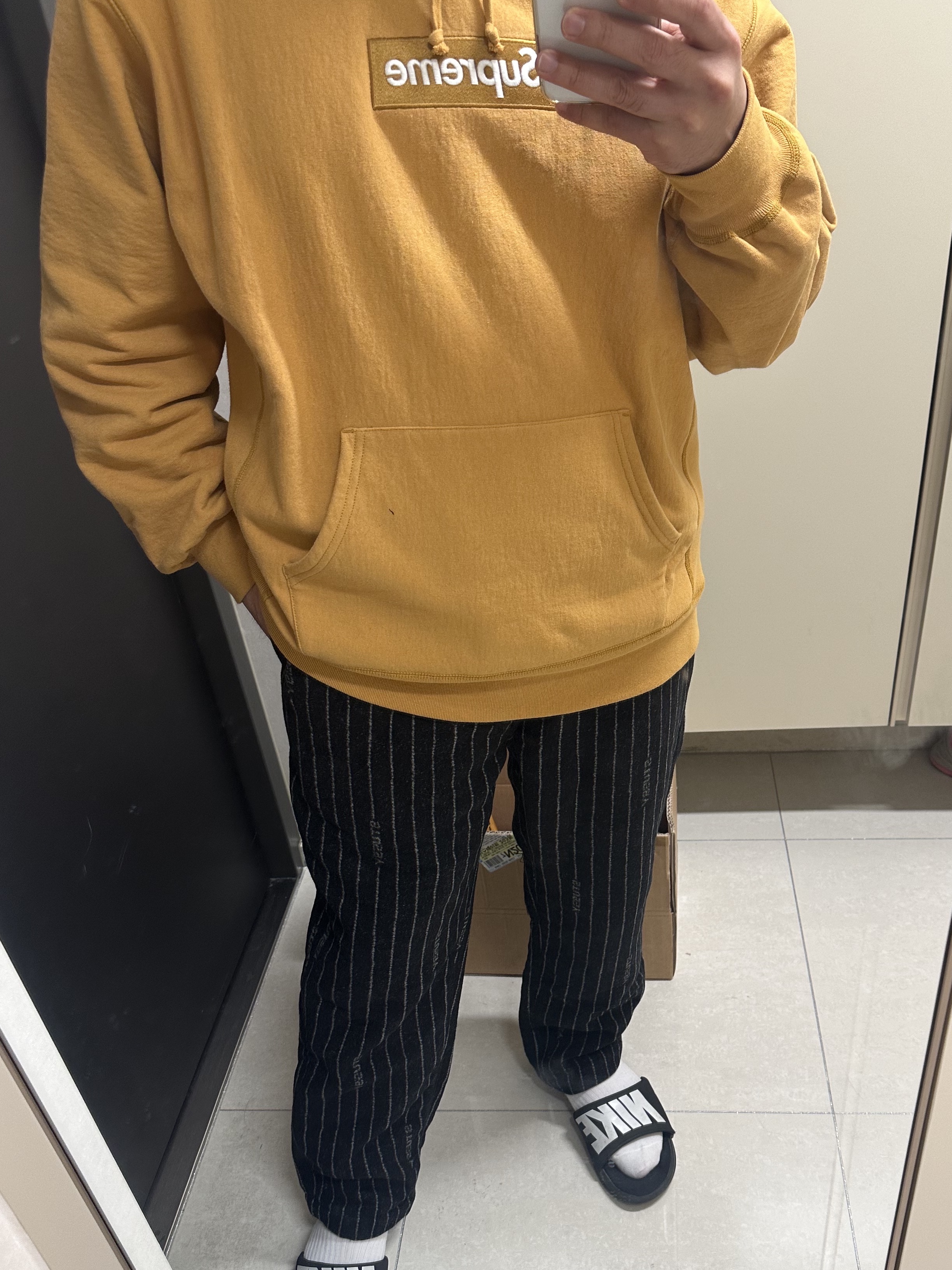 Nike x Stussy NRG Striped Wool Pants Black (DR4021-010), Supreme Box Logo Hooded Sweatshirt Light Mustard - 21FW 착용 스타일 - 1