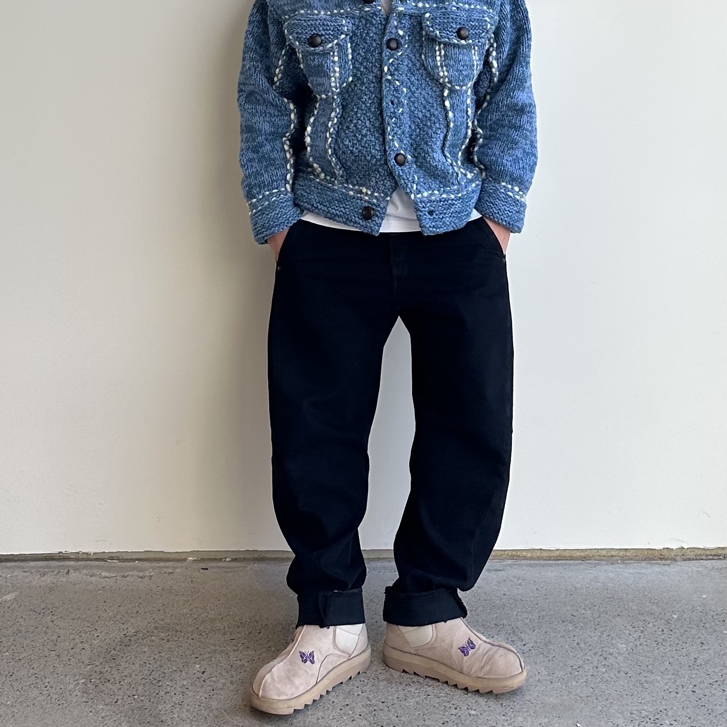 Reebok x Needles Beatnik Moc Modern Beige Extreme Purple, Kapital Wool Hand Knit Cowichan G Jean Navy 착용 스타일 - 1