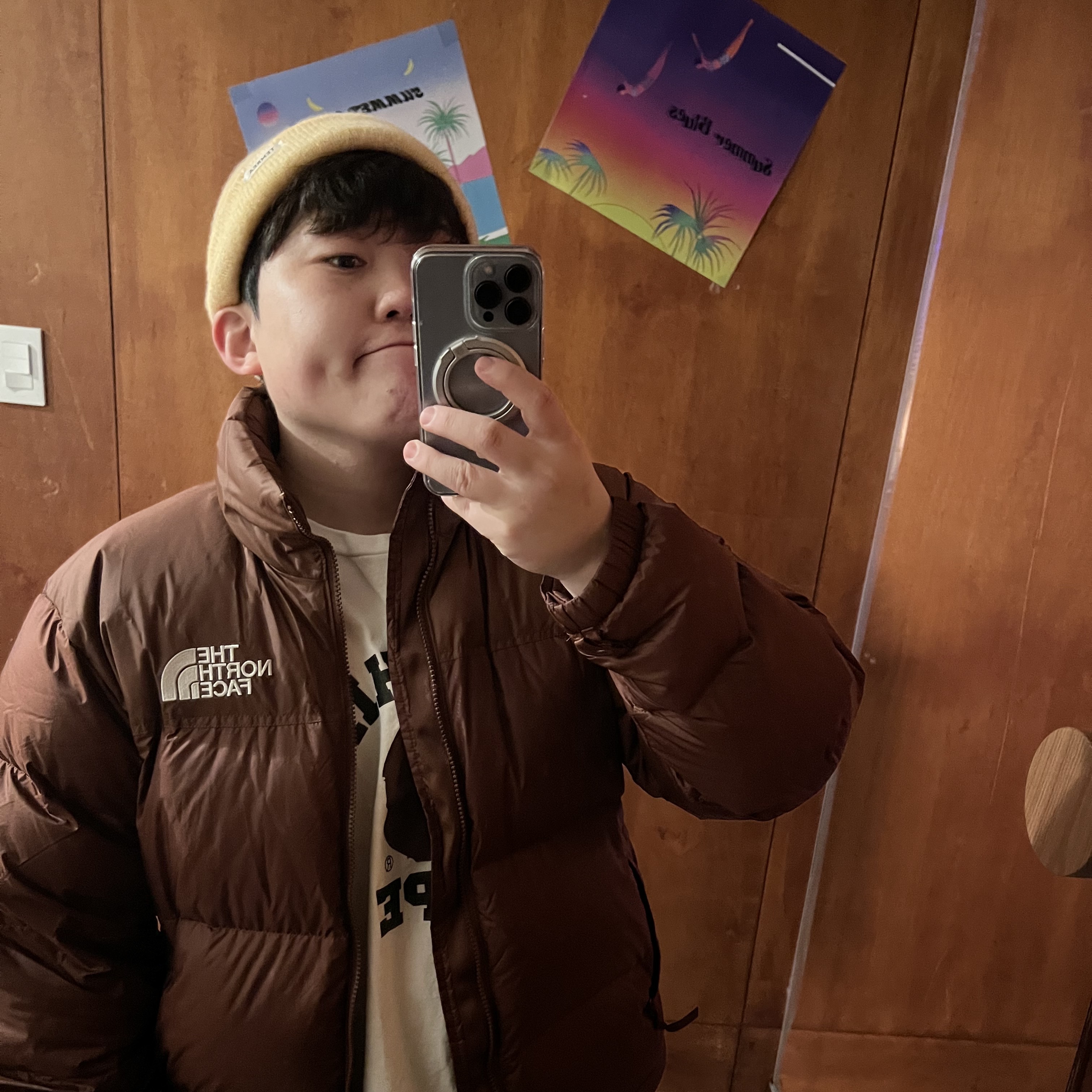 The North Face 1996 Retro Nuptse Jacket Dark Oak 착용 스타일