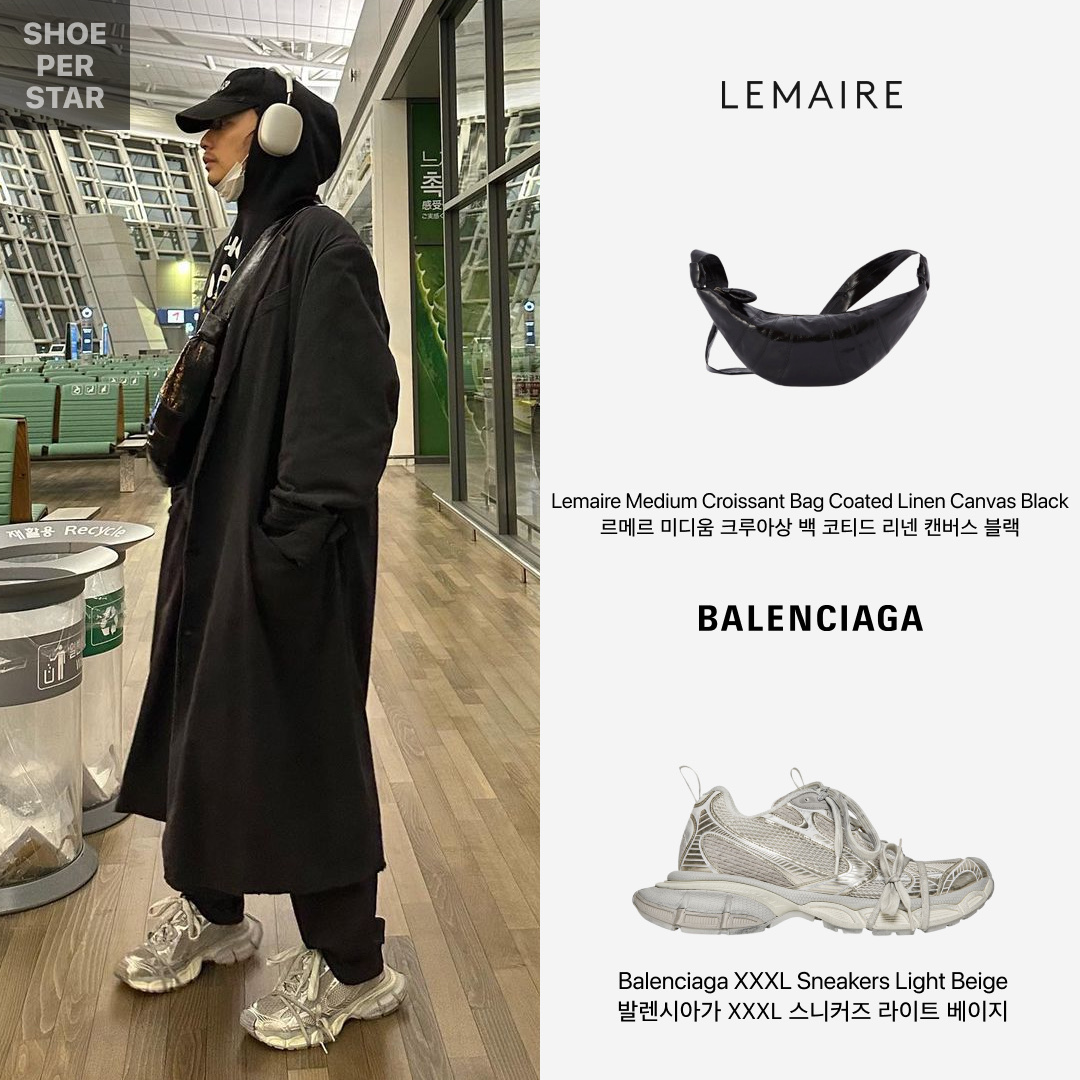 Lemaire Medium Croissant Bag Coated Linen Canvas Black, Balenciaga 3XL Sneakers Light Beige 착용 스타일 - 2