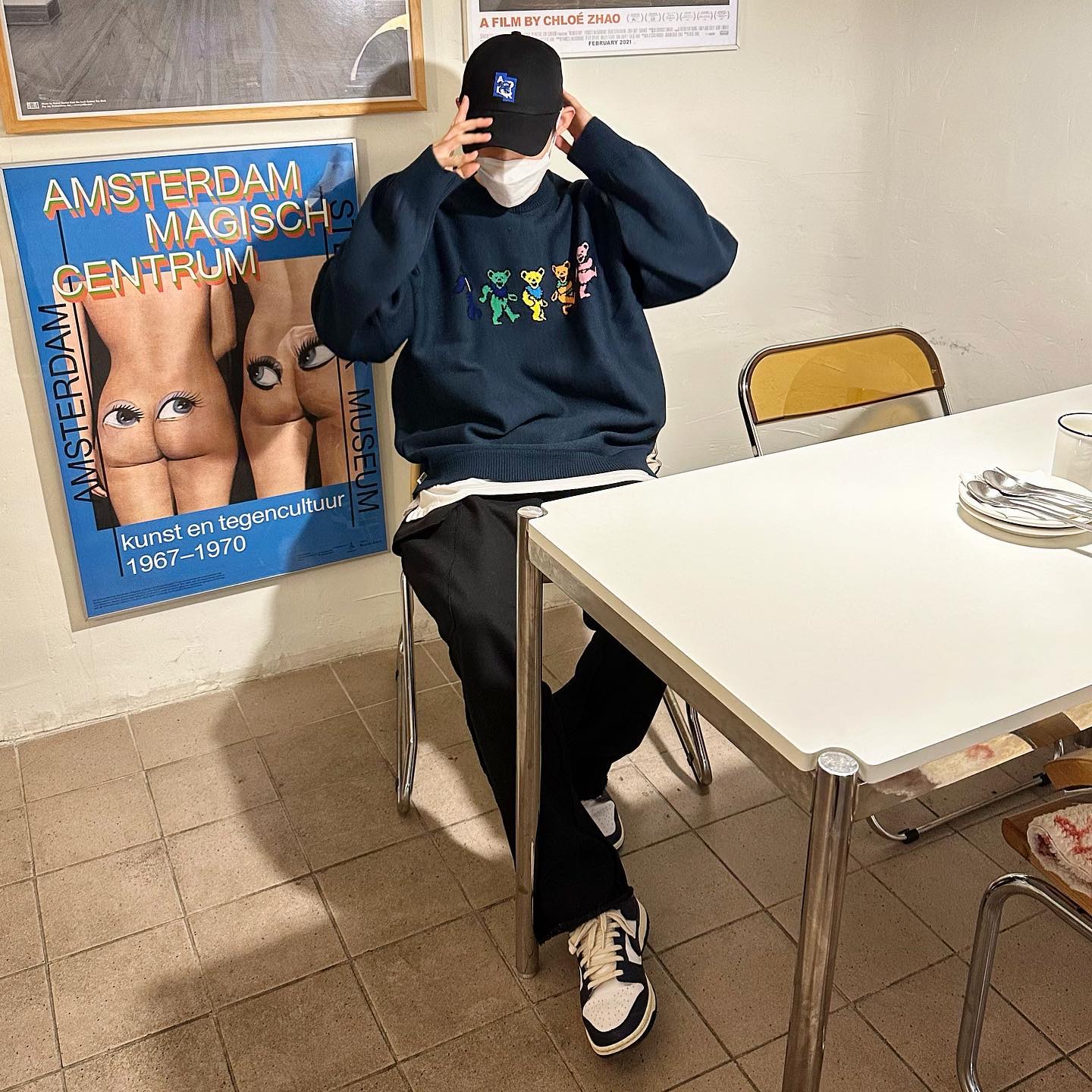 Thisisneverthat x Grateful Dead Dancing Bears Knit Sweater Navy, Thisisneverthat x Grateful Dead Dancing Bears Knit Sweater Heather Grey 착용 스타일