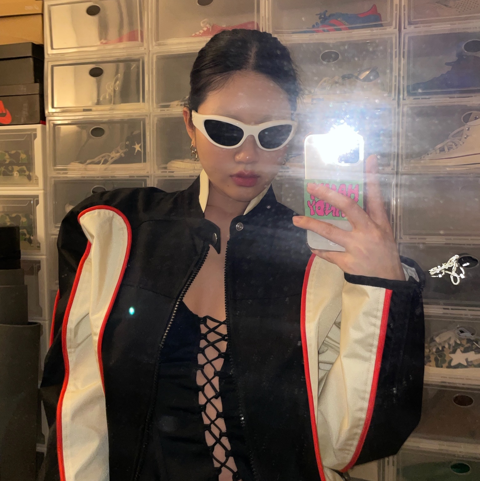 Gentle Monster x Maison Margiela MM003 White Black, Diesel J-Blink Biker Jacket in Colour-Block Nylon Black White 착용 스타일 - 1