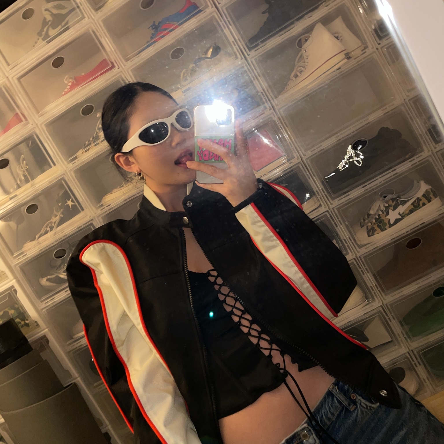 Gentle Monster x Maison Margiela MM003 White Black, Diesel J-Blink Biker Jacket in Colour-Block Nylon Black White 착용 스타일 - 2