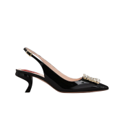 (W) Roger Vivier Virgule Strass Buckle Slingback Pumps in Patent Leather Black