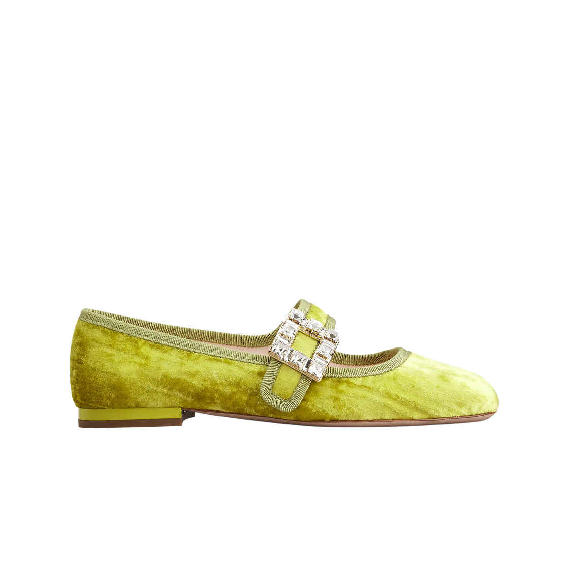 (W) 로저 비비에 트레 비비에 스트라스 버클 베이비 발레리나 인 벨벳 그린((W) Roger Vivier Tres Vivier Strass Buckle Babies Ballerinas in Velvet Green) - 1