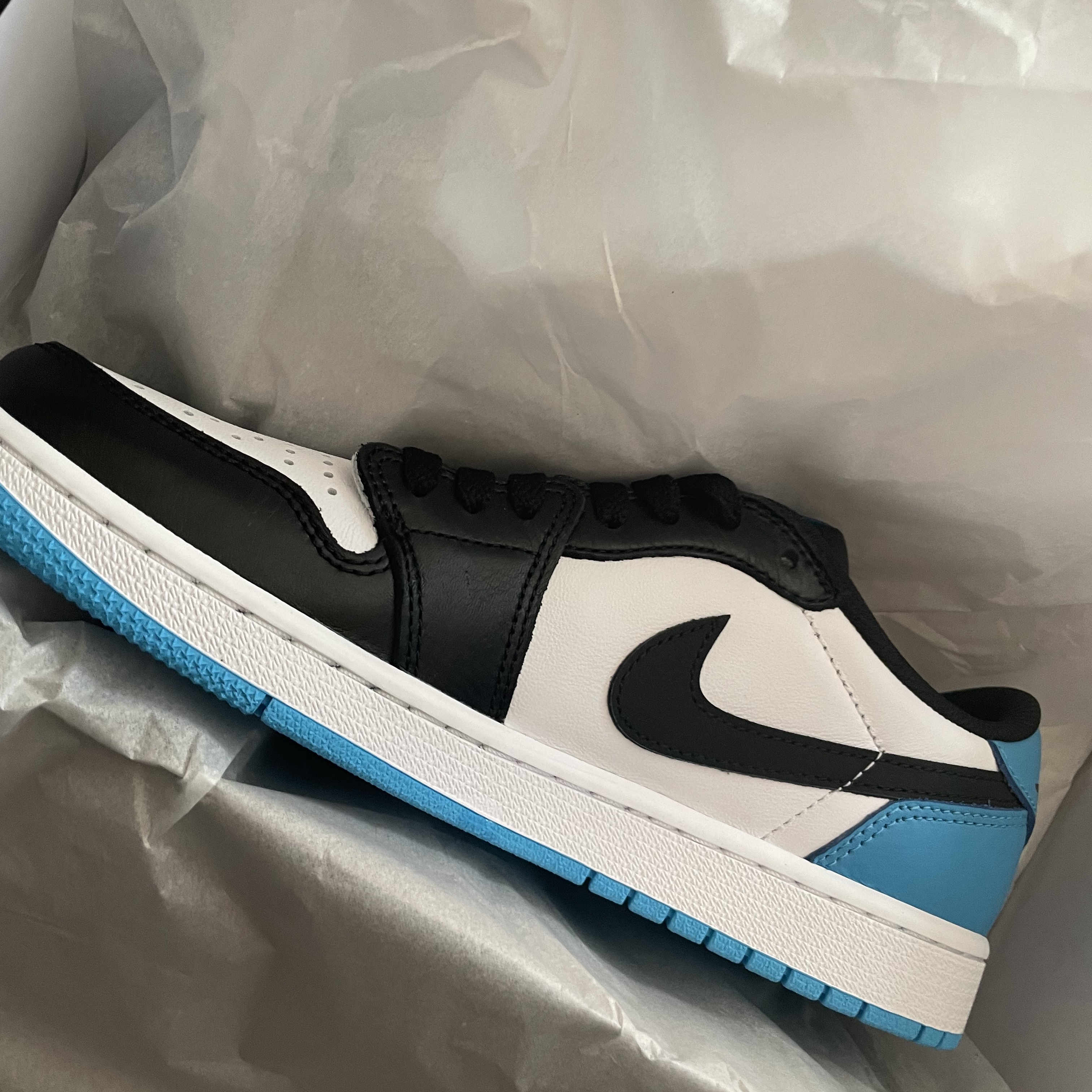 Jordan 1 Retro Low OG Black and Dark Powder Blue 착용 스타일 - 1