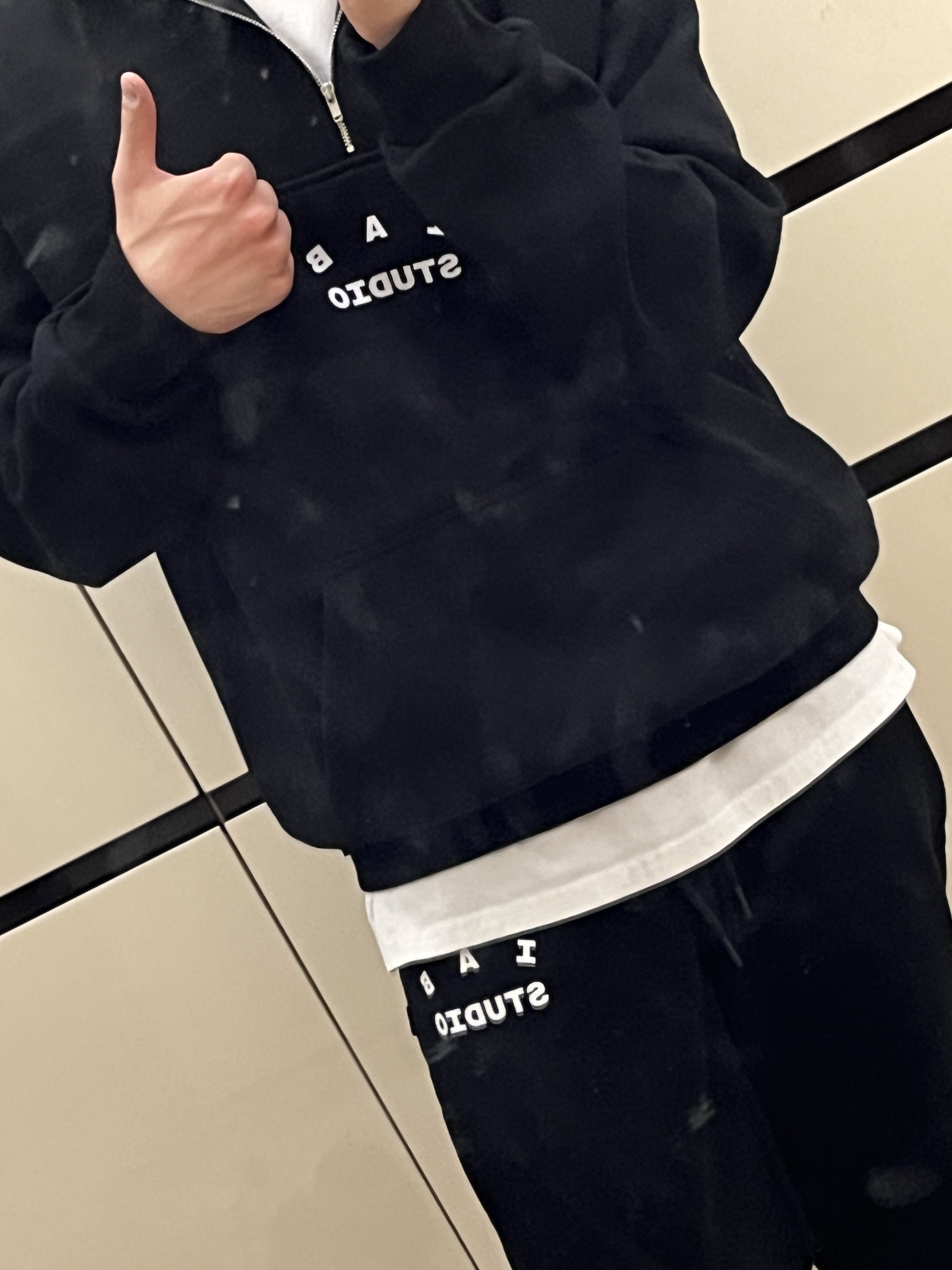 IAB Studio Half Zip-Up Black White, IAB Studio Sweatpants Black White - 23SS 착용 스타일 - 2