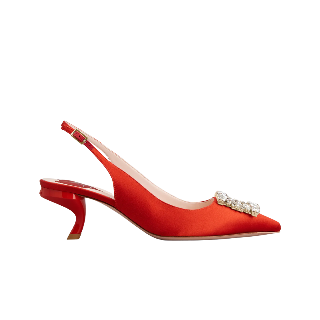 (W) 로저 비비에 버귤 스트라스 버클 슬링백 펌프스 인 사틴 레드((W) Roger Vivier Virgule Strass Buckle Slingback Pumps in Satin Red) - 1