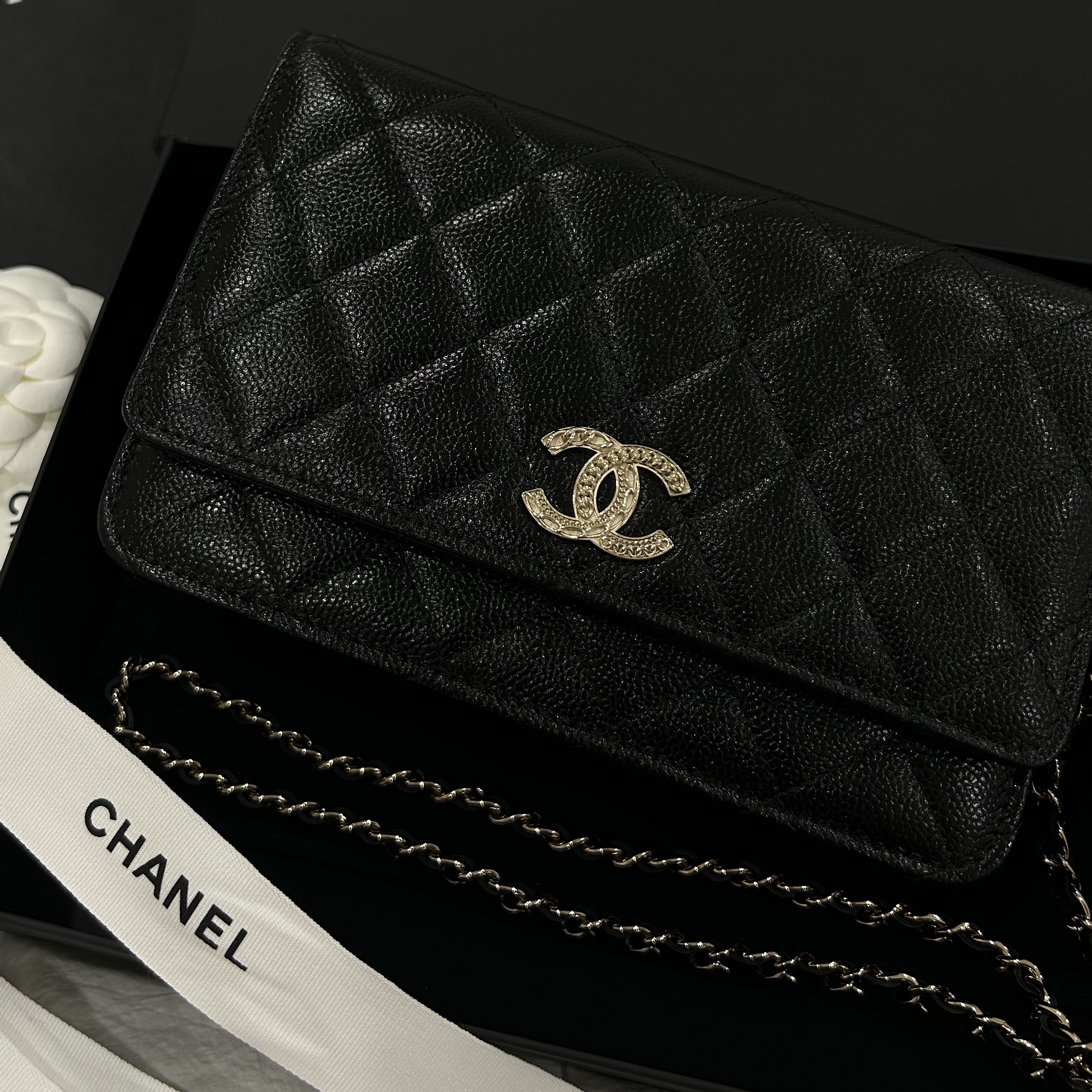 Chanel Wallet On Chain Grained Calfskin & Gold Black 착용 스타일
