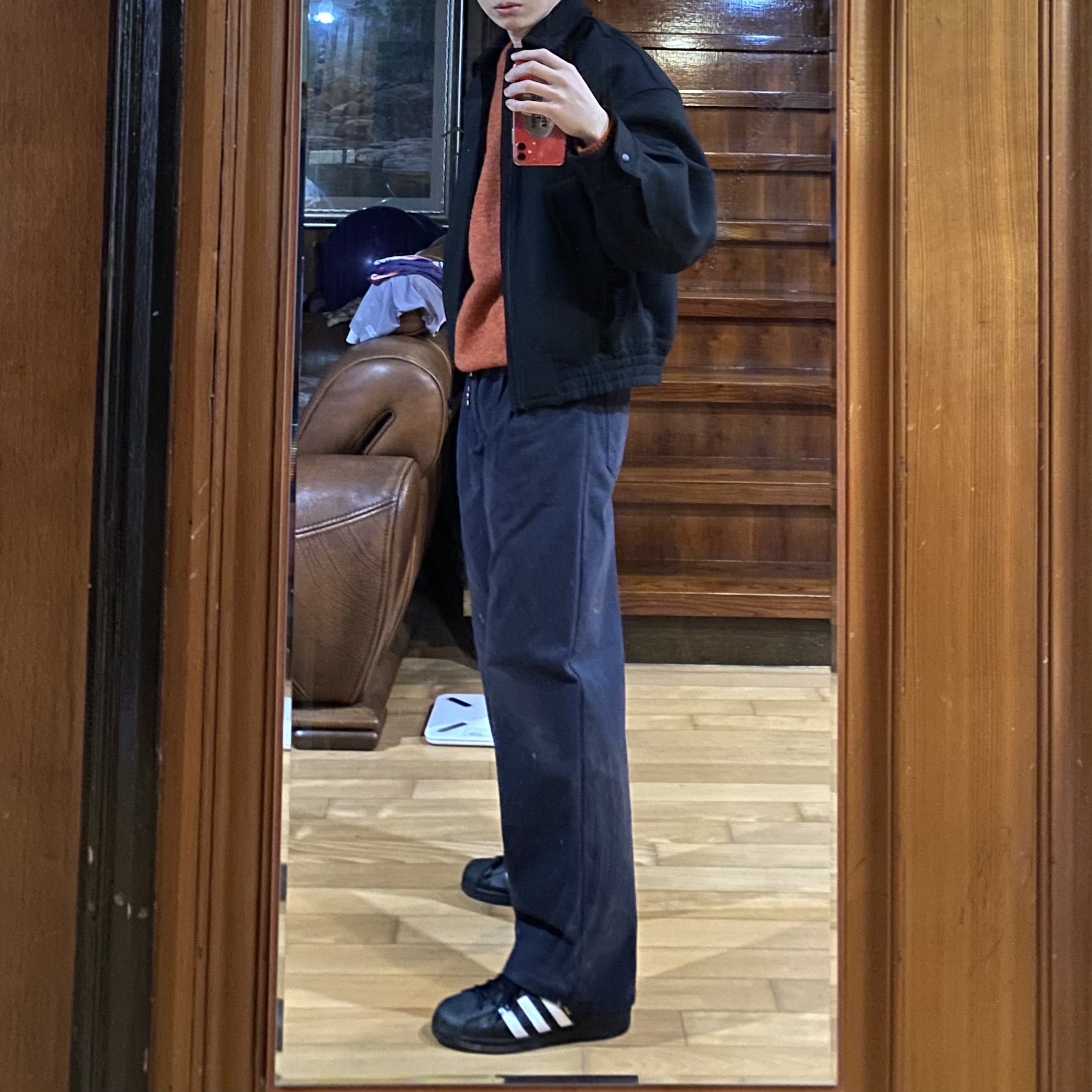 Adidas Superstar Core Black White, Zara x Ader Error Oversize Collar Bomber Jacket Black 착용 스타일 - 4