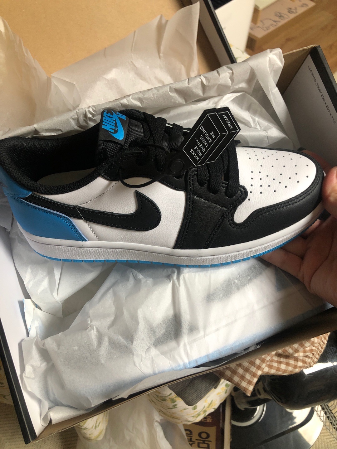 (W) Jordan 1 Retro Low OG Black and Dark Powder Blue 착용 스타일
