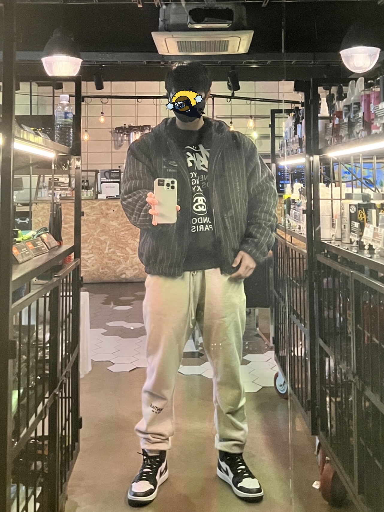 Nike x Stussy NRG Striped Wool Jacket Black (DR4023-010), Essentials The Core Collection Sweatpants Light Oatmeal 착용 스타일 - 1