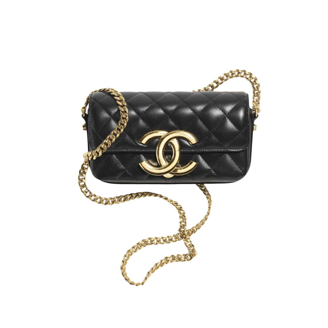 Chanel Flap Phone Holder with Chain Shiny Lambskin & Gold Black 상세 이미지 1