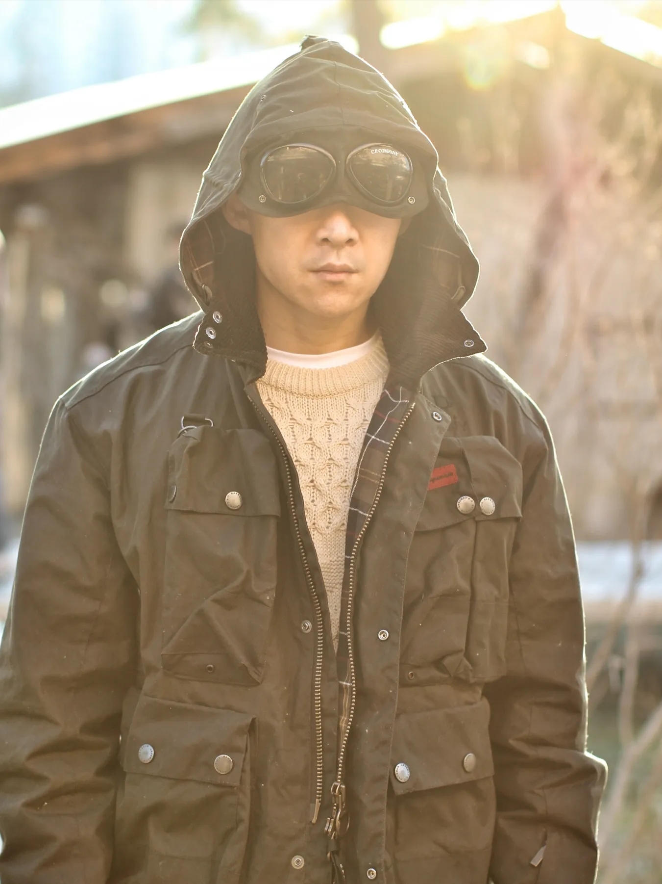 C.P. Company x Barbour 500 Miglia Jacket Green, Nike Cable Knit LS Sweater Rattan - Asia 착용 스타일 - 1