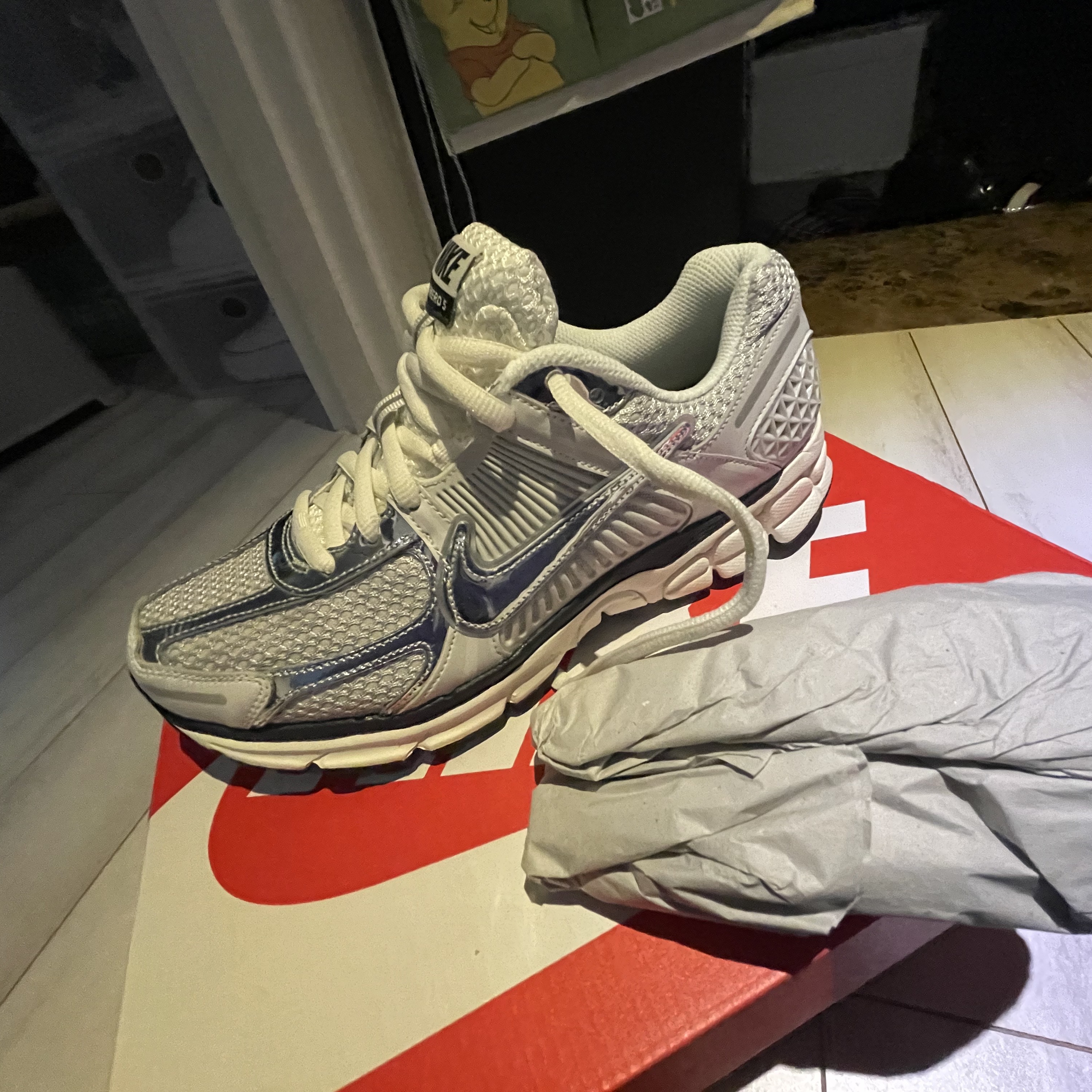 (W) Nike Zoom Vomero 5 Photon Dust and Metallic Silver 착용 스타일 - 1