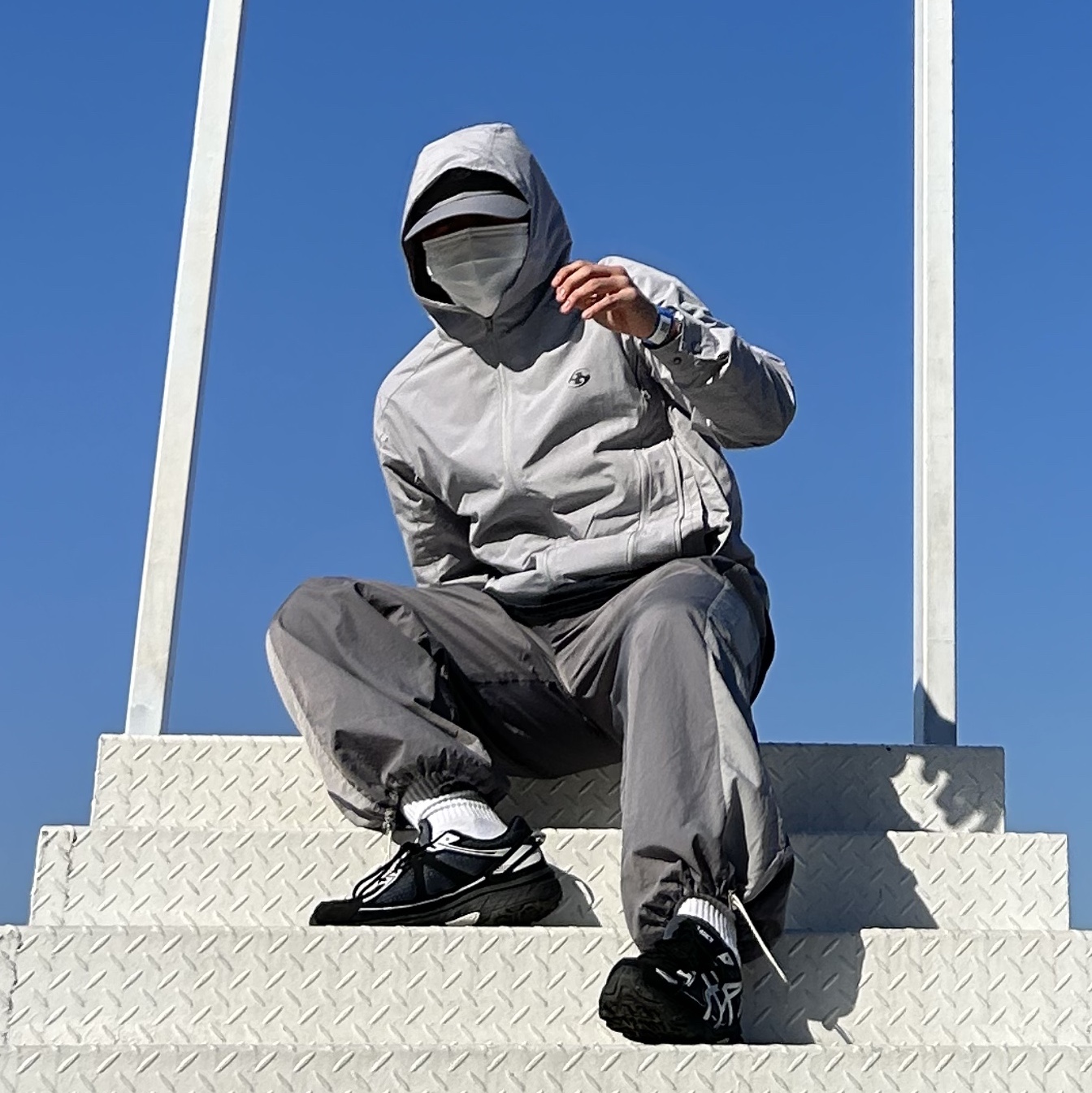 Sansan Gear Zipper Jacket Light Grey - 22FW, Sansan Gear Nylon Wing Cap Grey - 22FW 착용 스타일 - 2