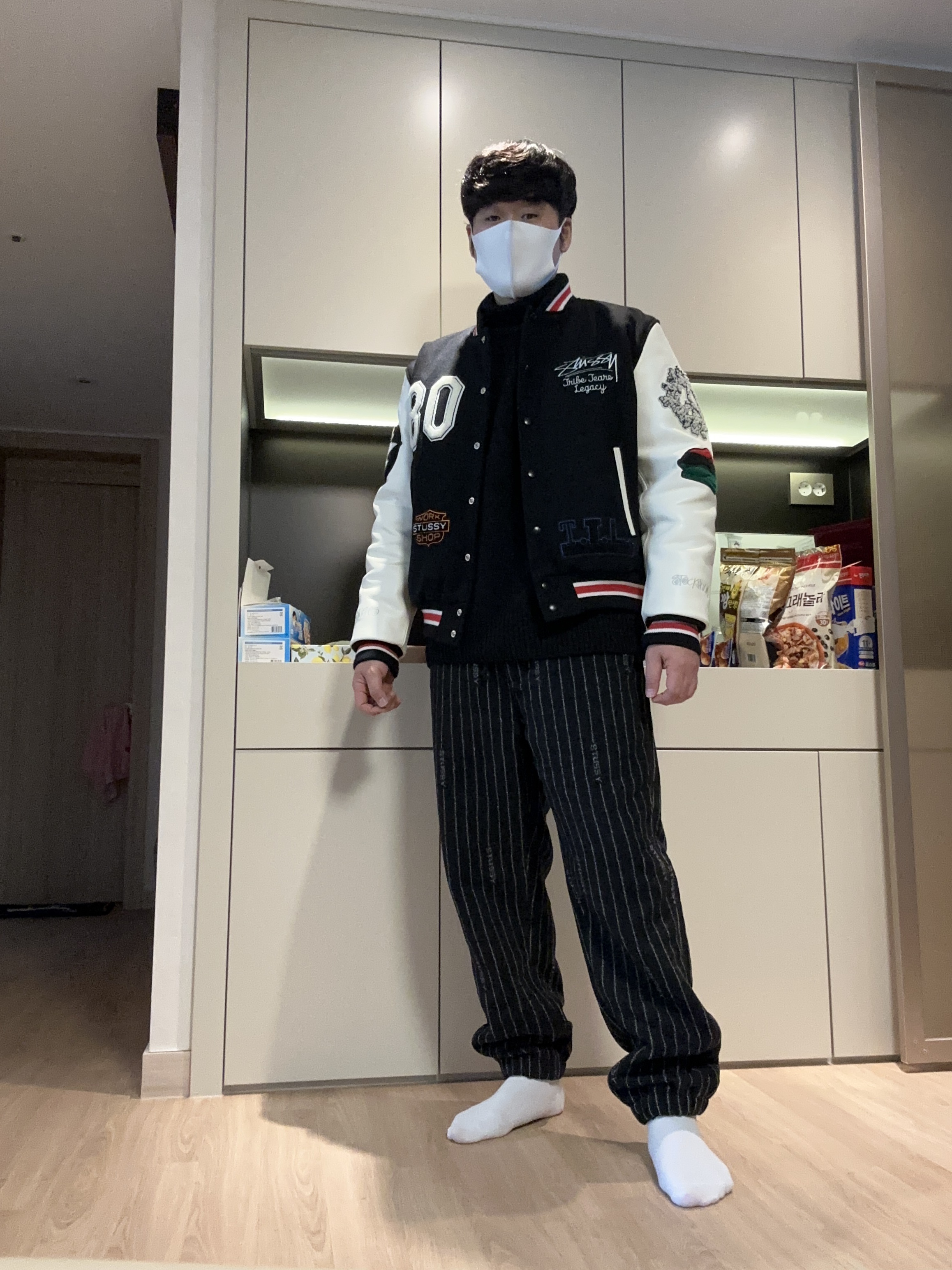 Stussy x Our Legacy x Denim Tears TTL Varsity Jacket Black, Nike x Stussy NRG Striped Wool Pants Black (DR4021-010) 착용 스타일 - 2