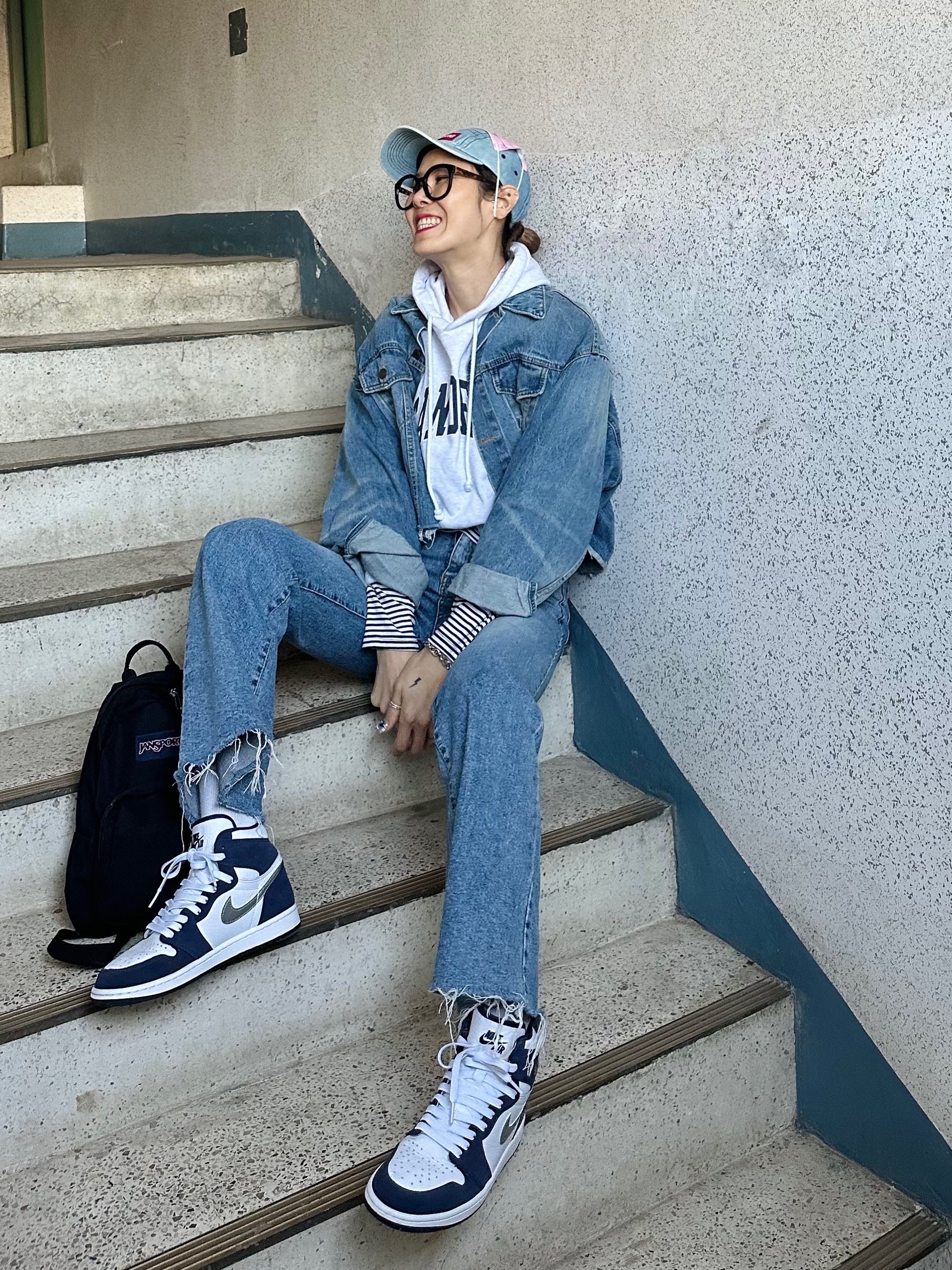 Jordan 1 Retro High OG CO.JP Midnight Navy, Supreme Washed Chino Twill Camp Cap Denim - 21FW 착용 스타일 - 2