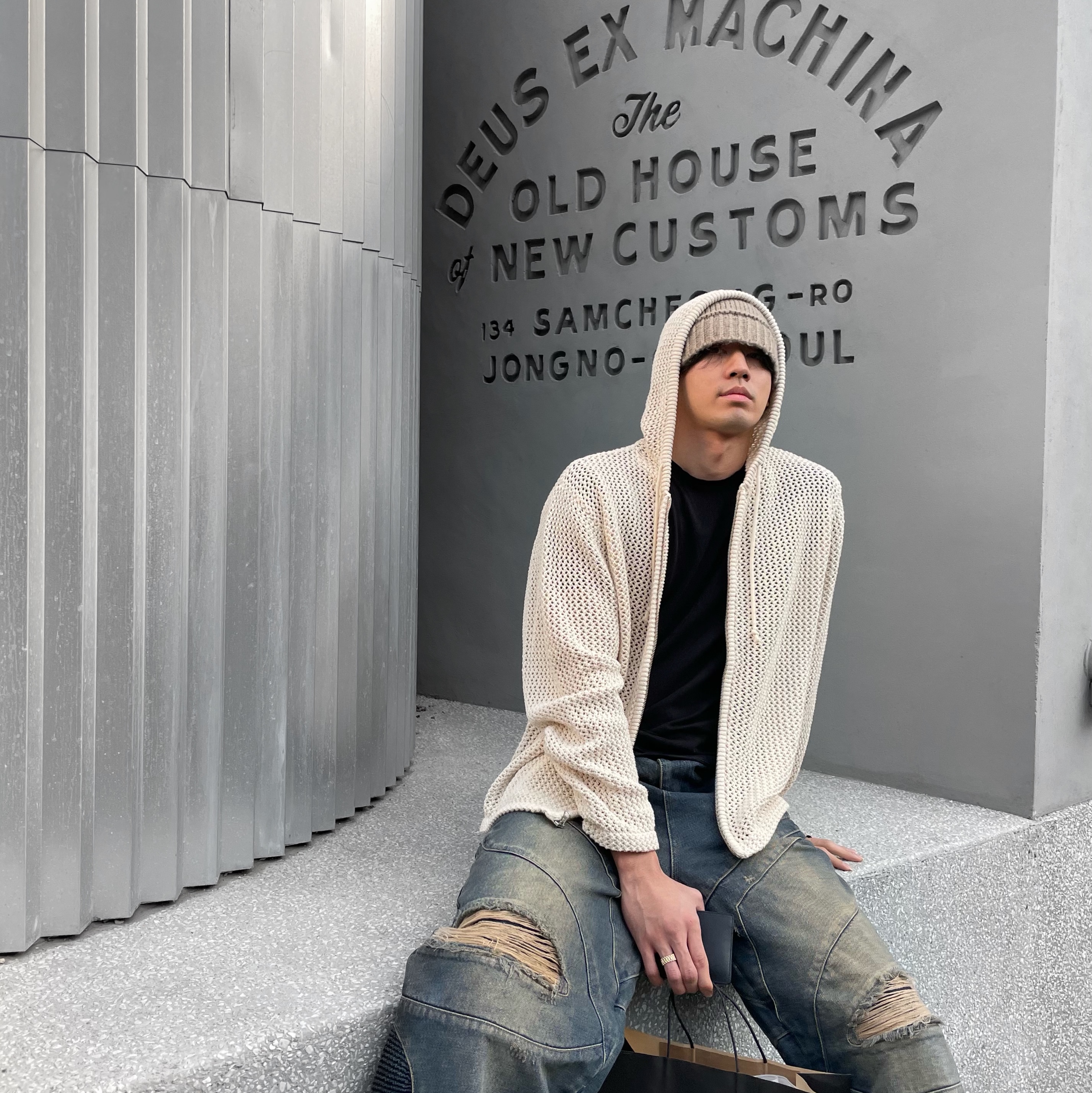 Stussy Mesh Zip Hoodie Natural, Nike x Stussy Air Force 1 '07 Mid SP Black and Light Bone 착용 스타일 - 2