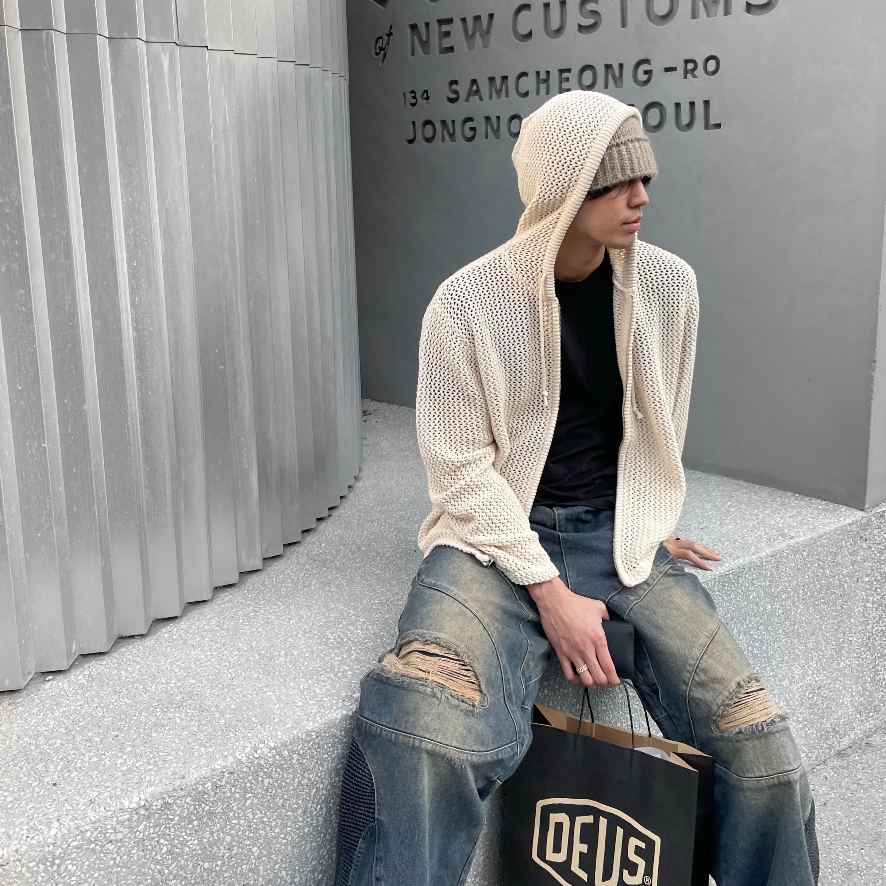 Stussy Mesh Zip Hoodie Natural, Nike x Stussy Air Force 1 '07 Mid SP Black and Light Bone 착용 스타일 - 3