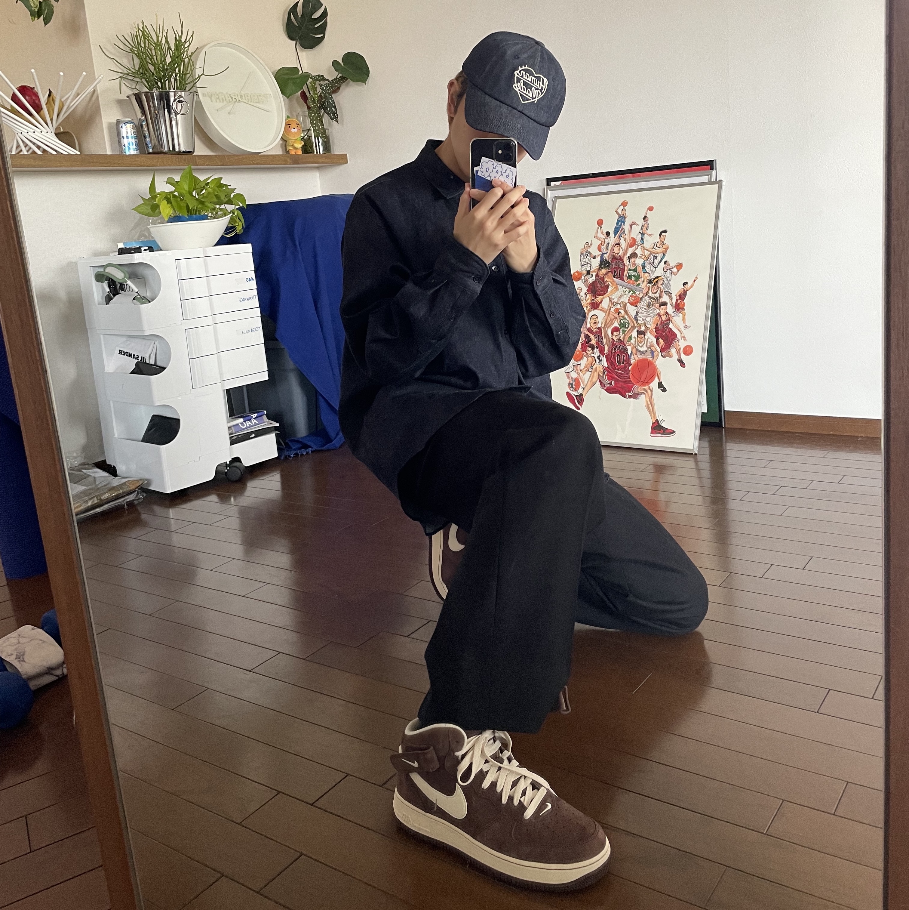 Human Made 6 Panel Denim Cap Indigo, Nike Air Force 1 Mid '07 QS Chocolate 착용 스타일 - 2