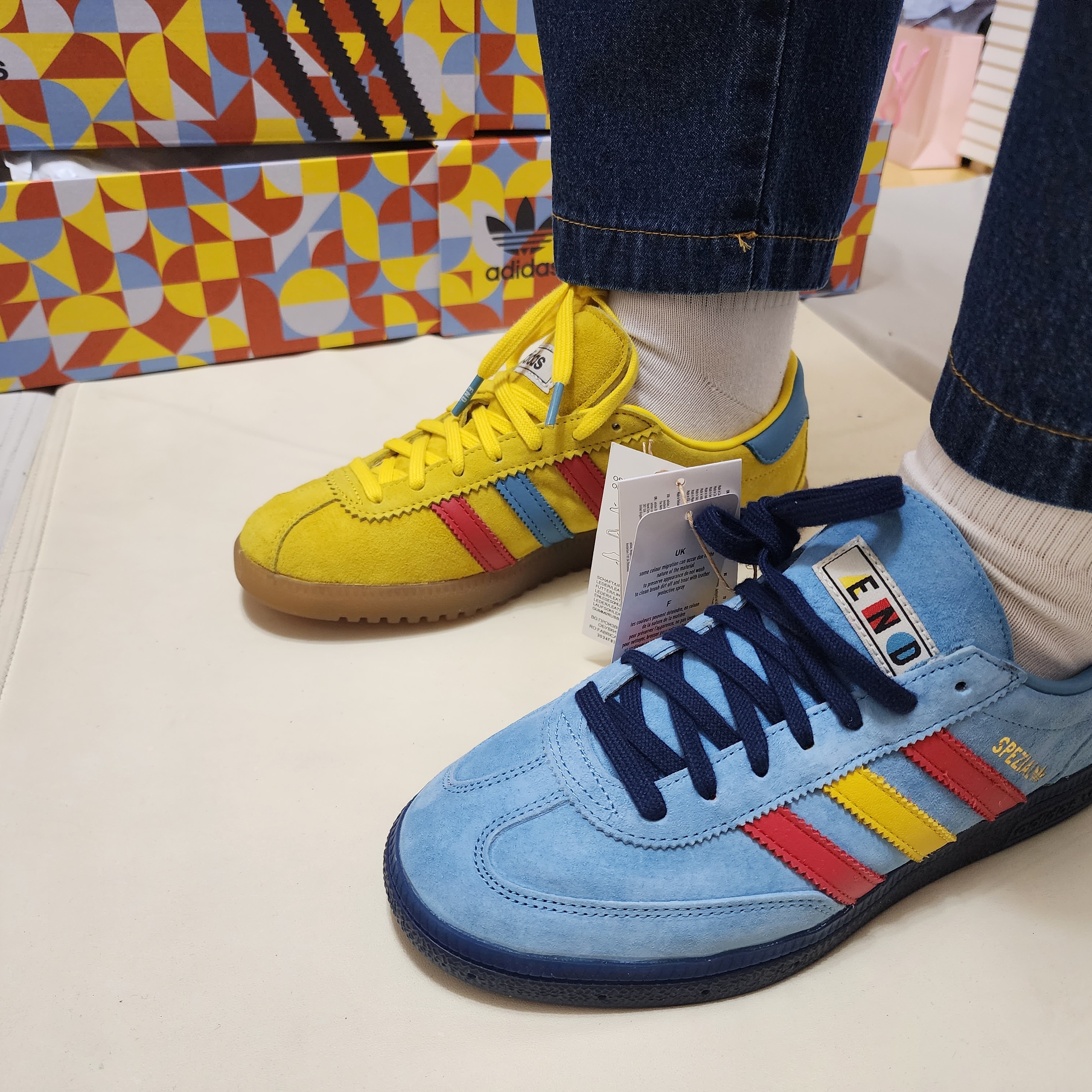 Adidas x END. Bermuda Team Yellow, Adidas x END. Spezial Handball Blue 착용 스타일