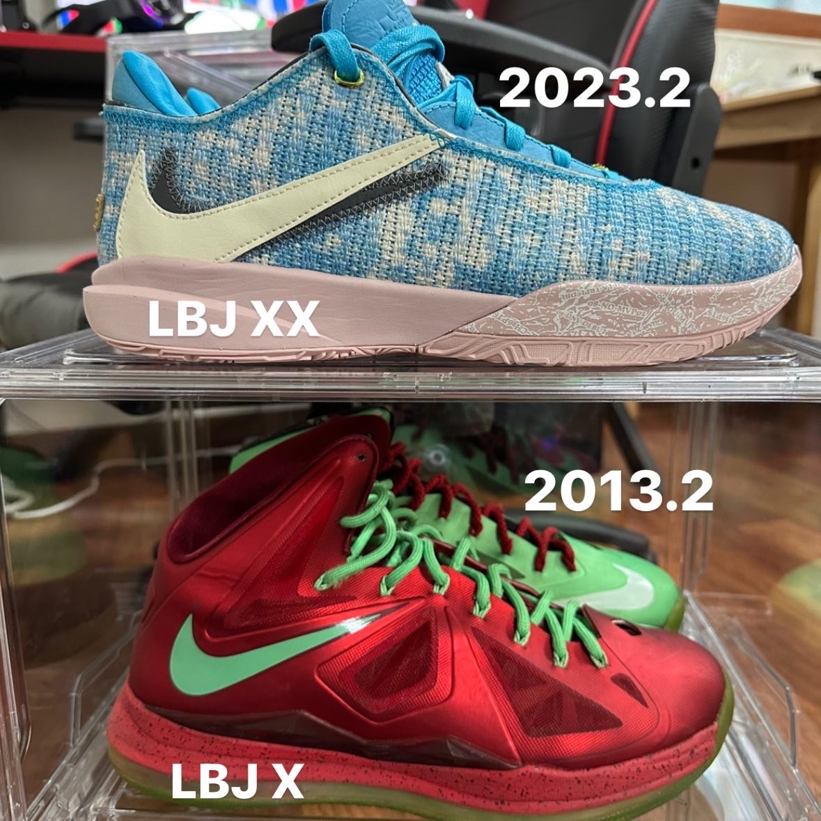 Nike LeBron XX ASW EP Blue Lightning Coconut Milk, Nike x LeBron James x Fruity Pebbles Dunk Low QS Habanero Red 착용 스타일 - 2