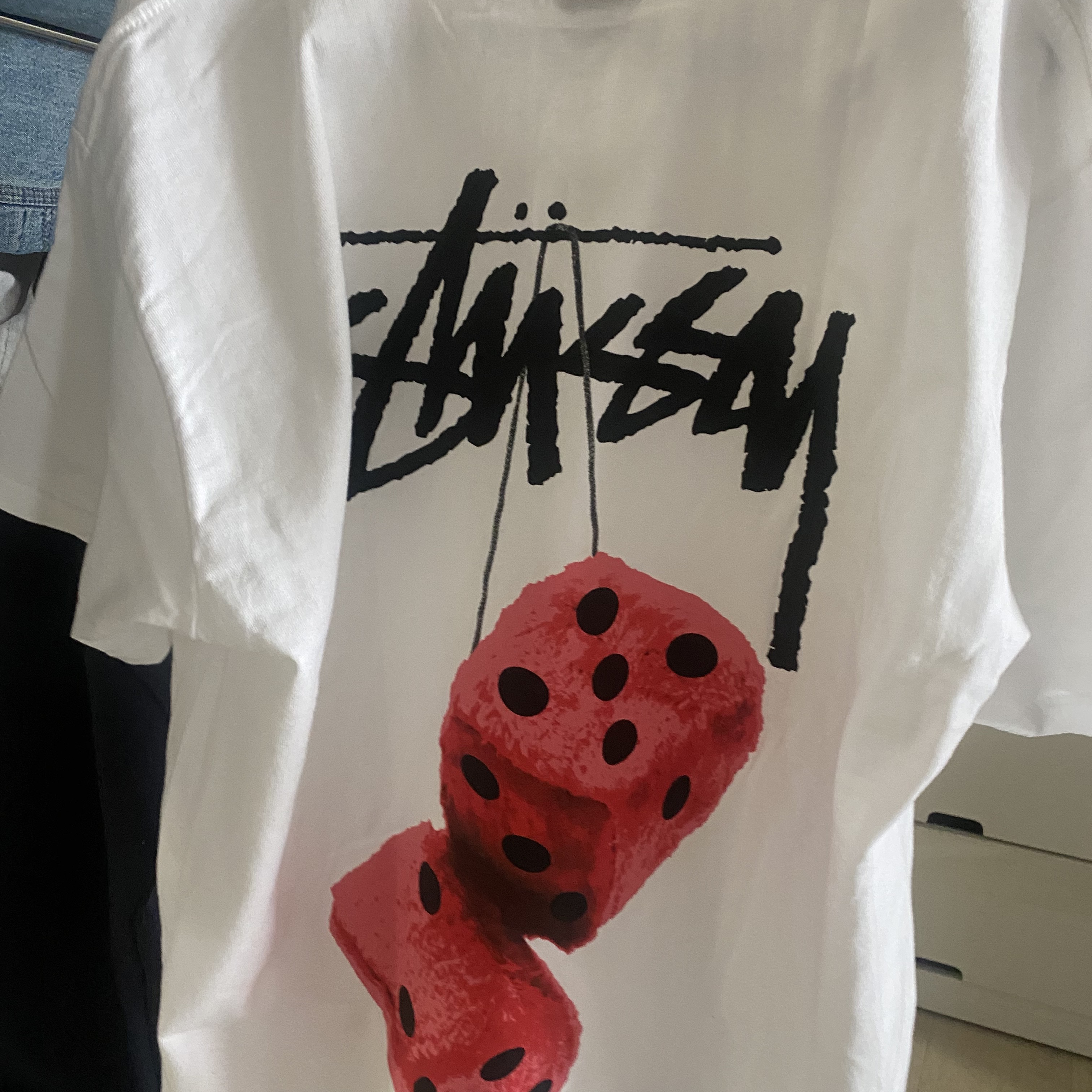 Stussy Fuzzy Dice T-Shirt White 착용 스타일
