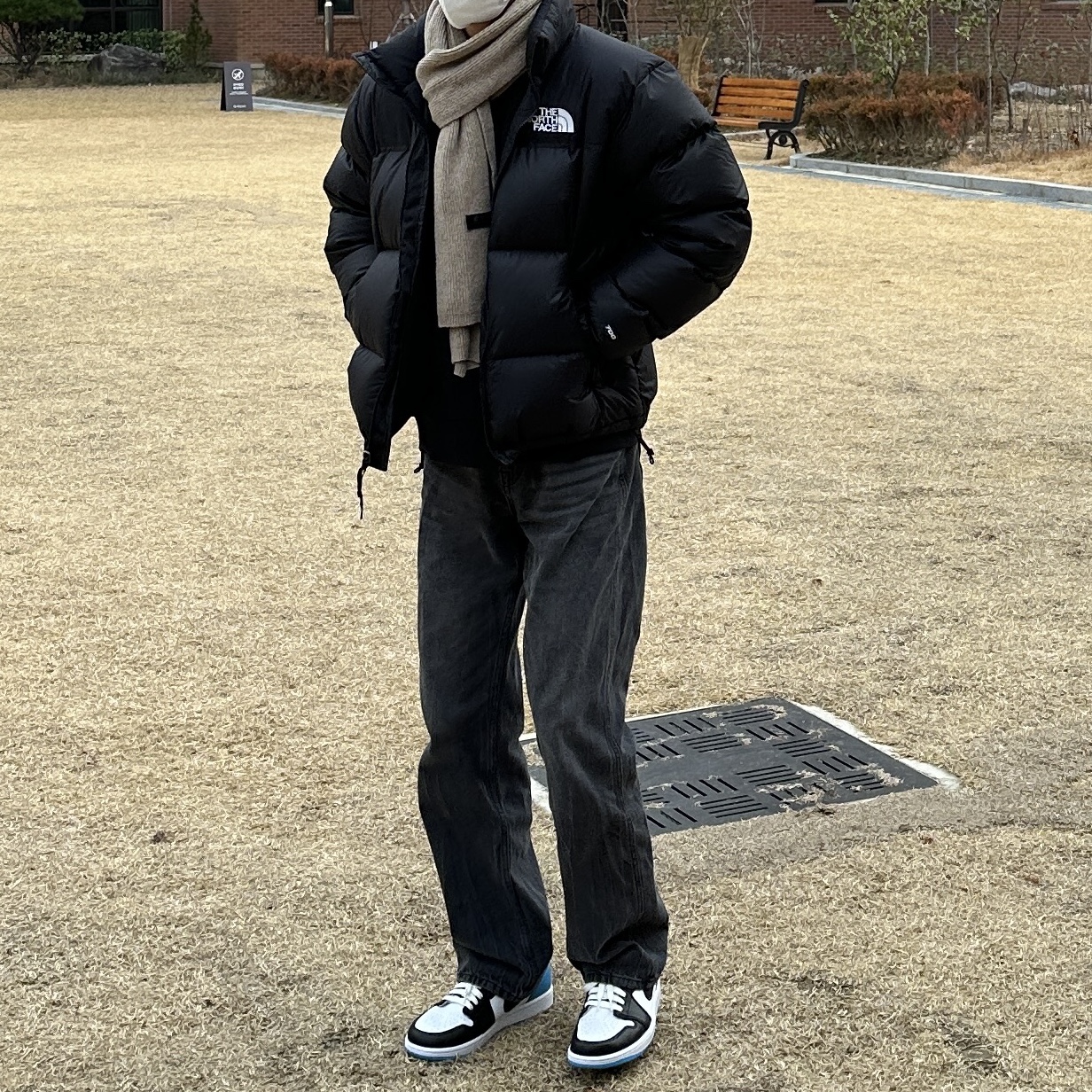 The North Face 1996 Retro Nuptse Down Jacket TNF Black, Jordan 1 Retro Low OG Black and Dark Powder Blue 착용 스타일