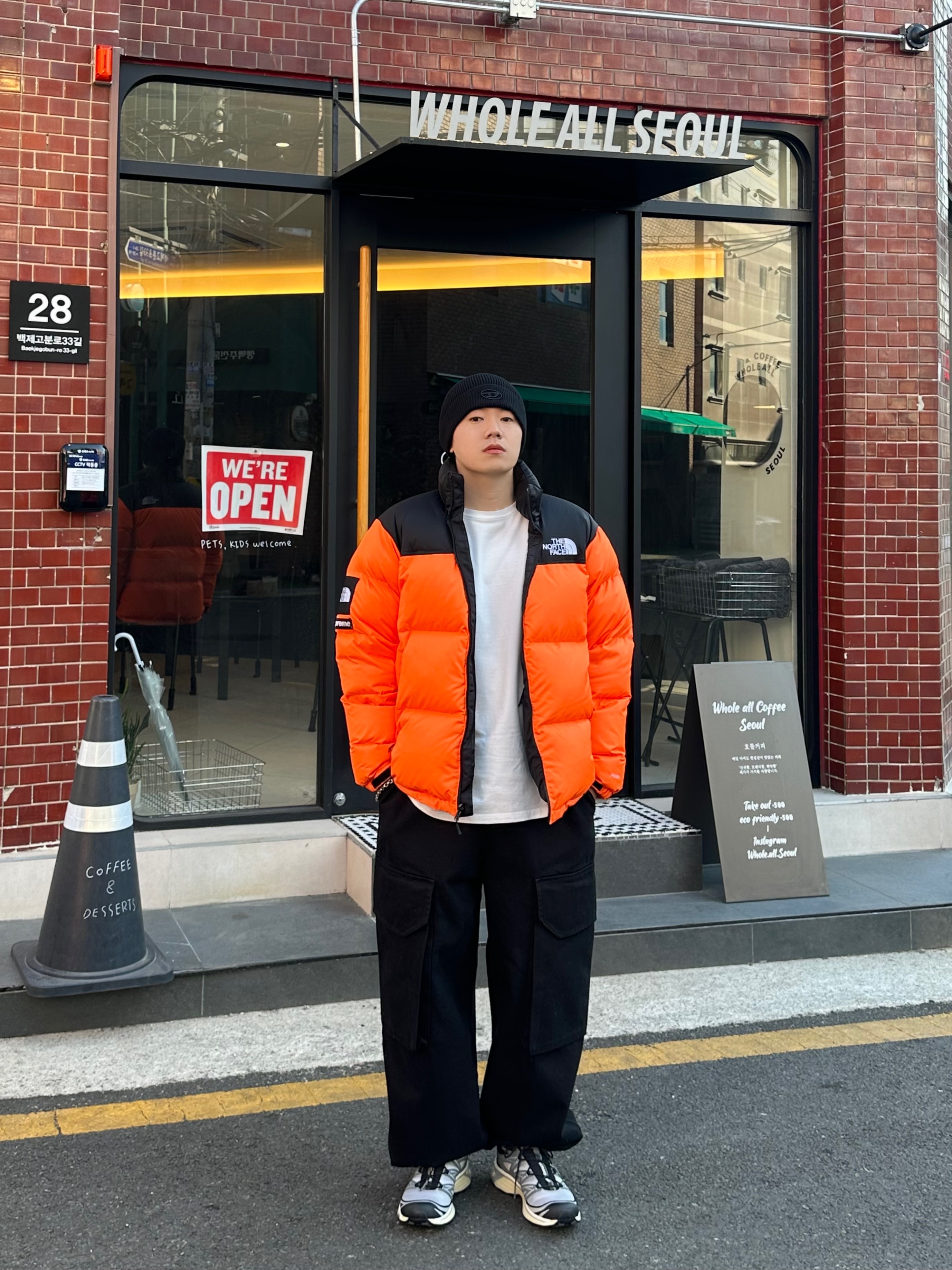Salomon XT-6 Expanse Alloy Quiet Shade, Supreme x The North Face Nuptse Orange - 16FW 착용 스타일 - 2