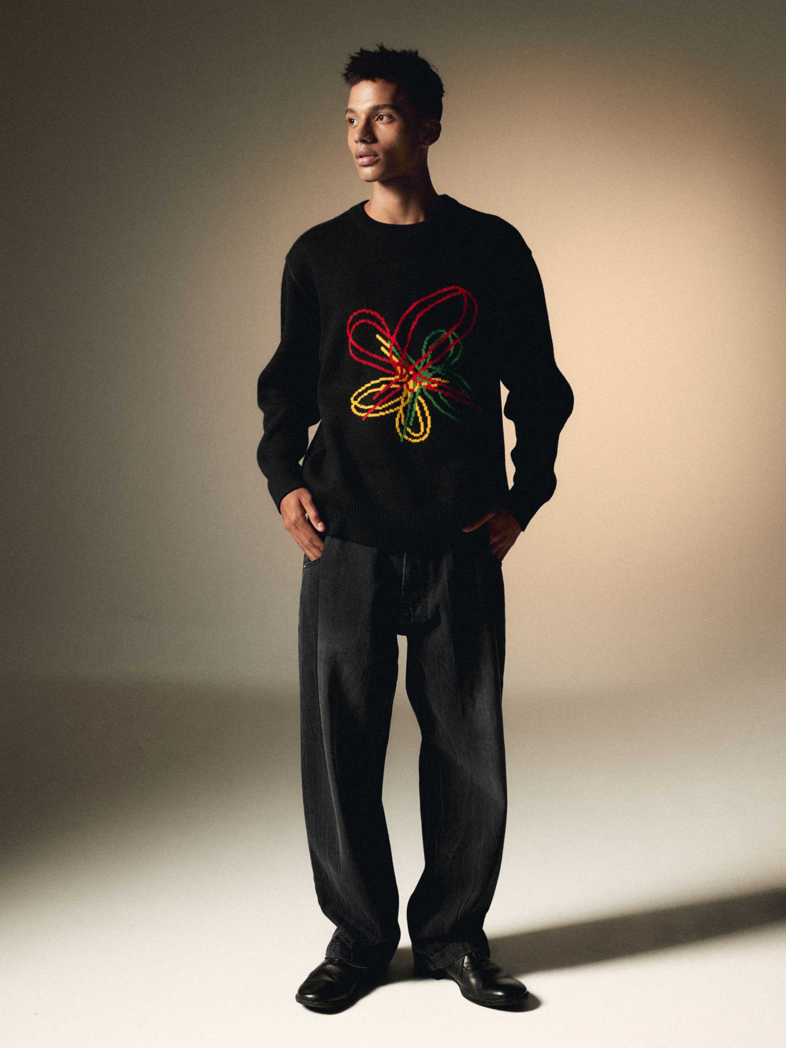 Typing Mistake Love Pixel Knit Black - 22FW, Typing Mistake Crack Washed Tuck Wide Denim Pants Black - 22FW 착용 스타일
