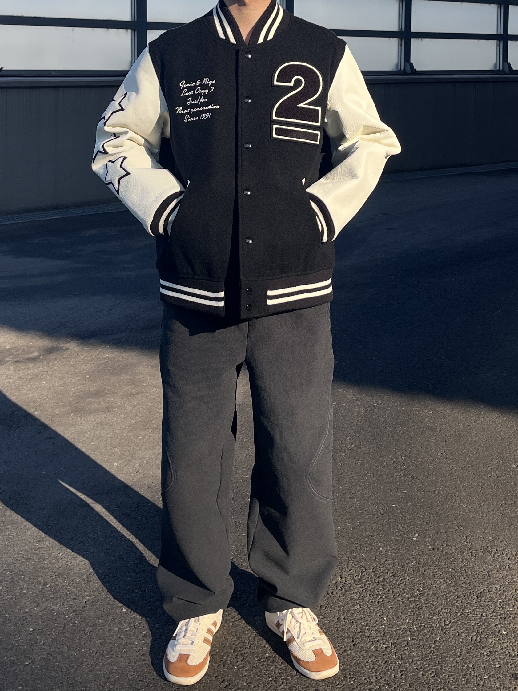 Human Made x Undercover Last Orgy 2 Varsity Jacket Black 착용 스타일