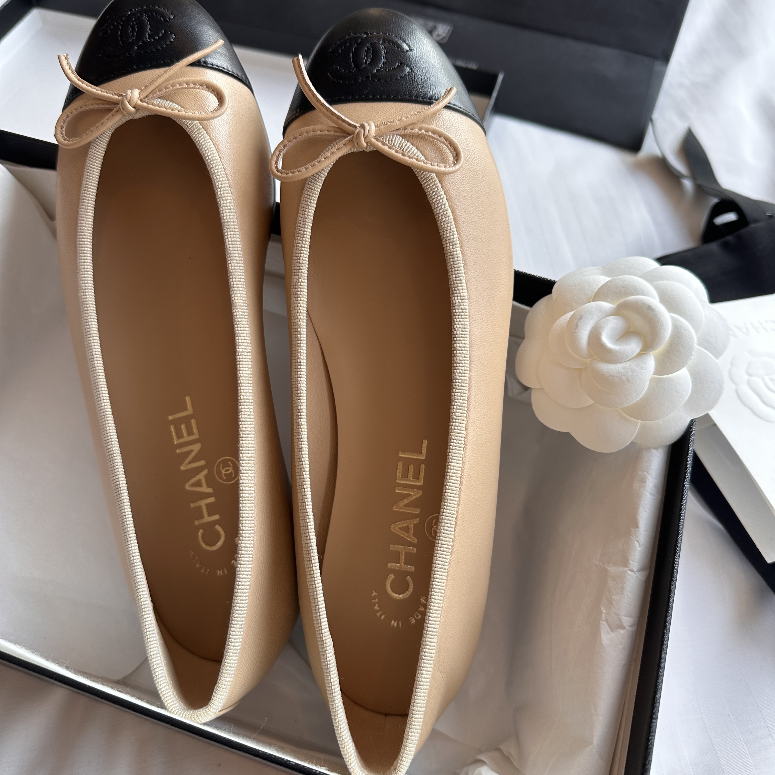 (W) Chanel Ballerina Flat Lambskin & Beige Black 착용 스타일 - 1