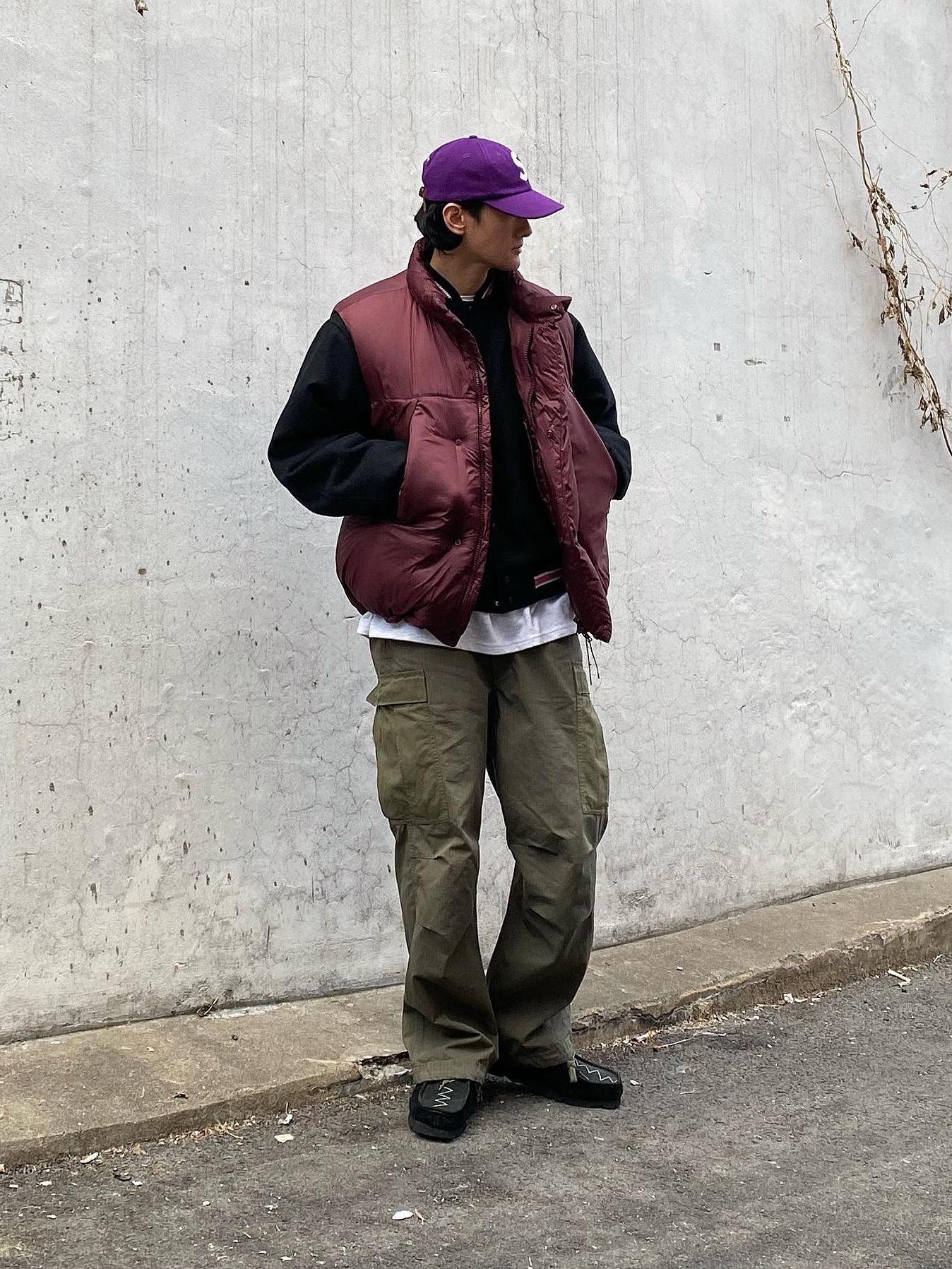 Stussy S Talk Melton Varsity Jacket Black, Supreme Boiled Wool S Logo 6-Panel Purple - 22FW 착용 스타일 - 4