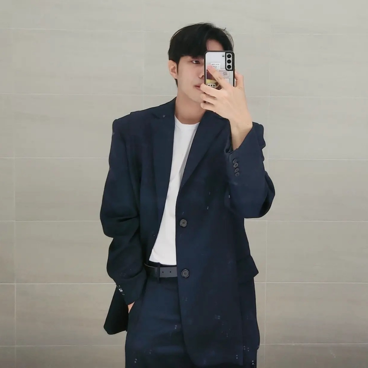 Zara x Ader Error Oversize Blazer Navy, Zara x Ader Error Darted Trousers Navy 착용 스타일 - 1