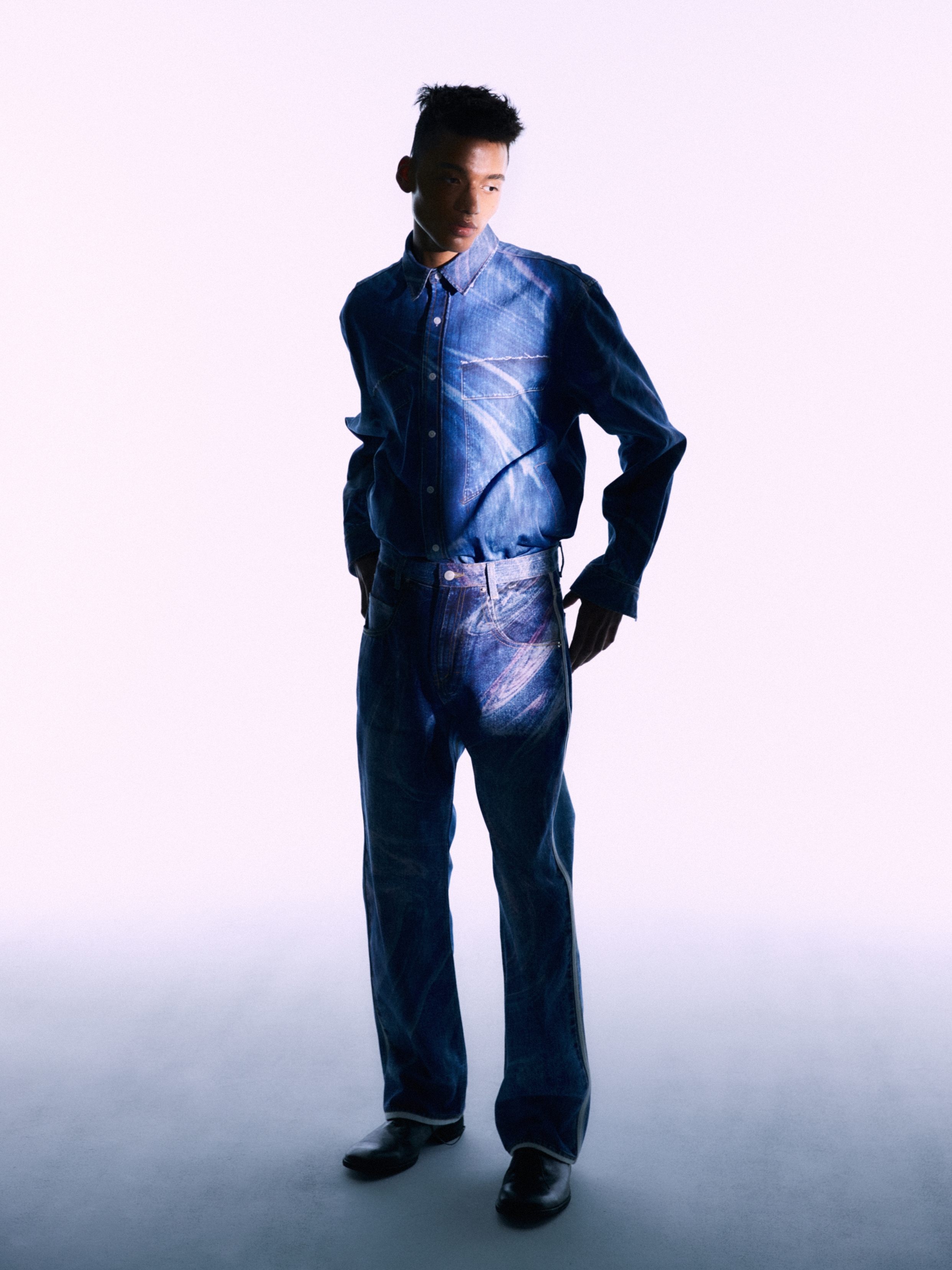 Typing Mistake Digital Washed Trucker Shirts Jacket Indigo - 22FW, Typing Mistake Digital Washed Denim Pants Indigo - 22FW 착용 스타일
