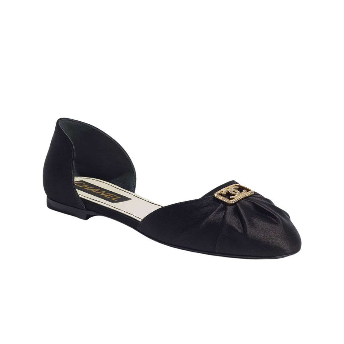 (W) 샤넬 발레리나 플랫 사틴 메탈 & 스트라스 블랙((W) Chanel Ballerina Flat Satin Metal & Strass Black) - 1